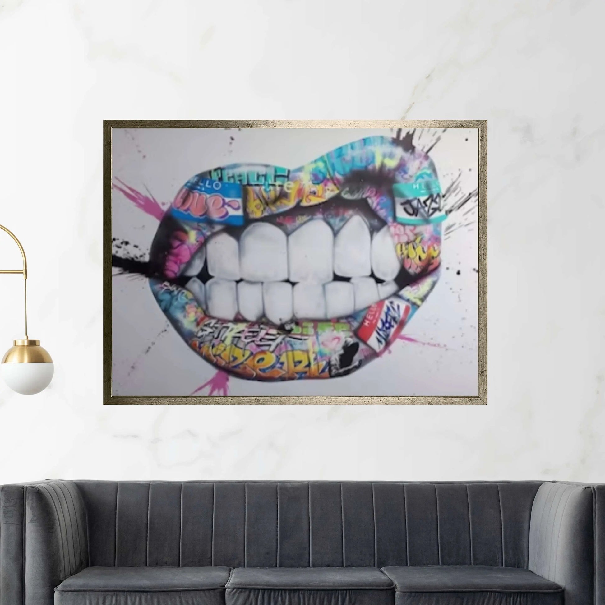 Banksy Poster, Lip and Teeth, Colourful Canvas, Banksy Graffiti Art Print, Woman Graffiti Wall Art, Famous Mural Quote Canvas Wall Art - Y Canvas