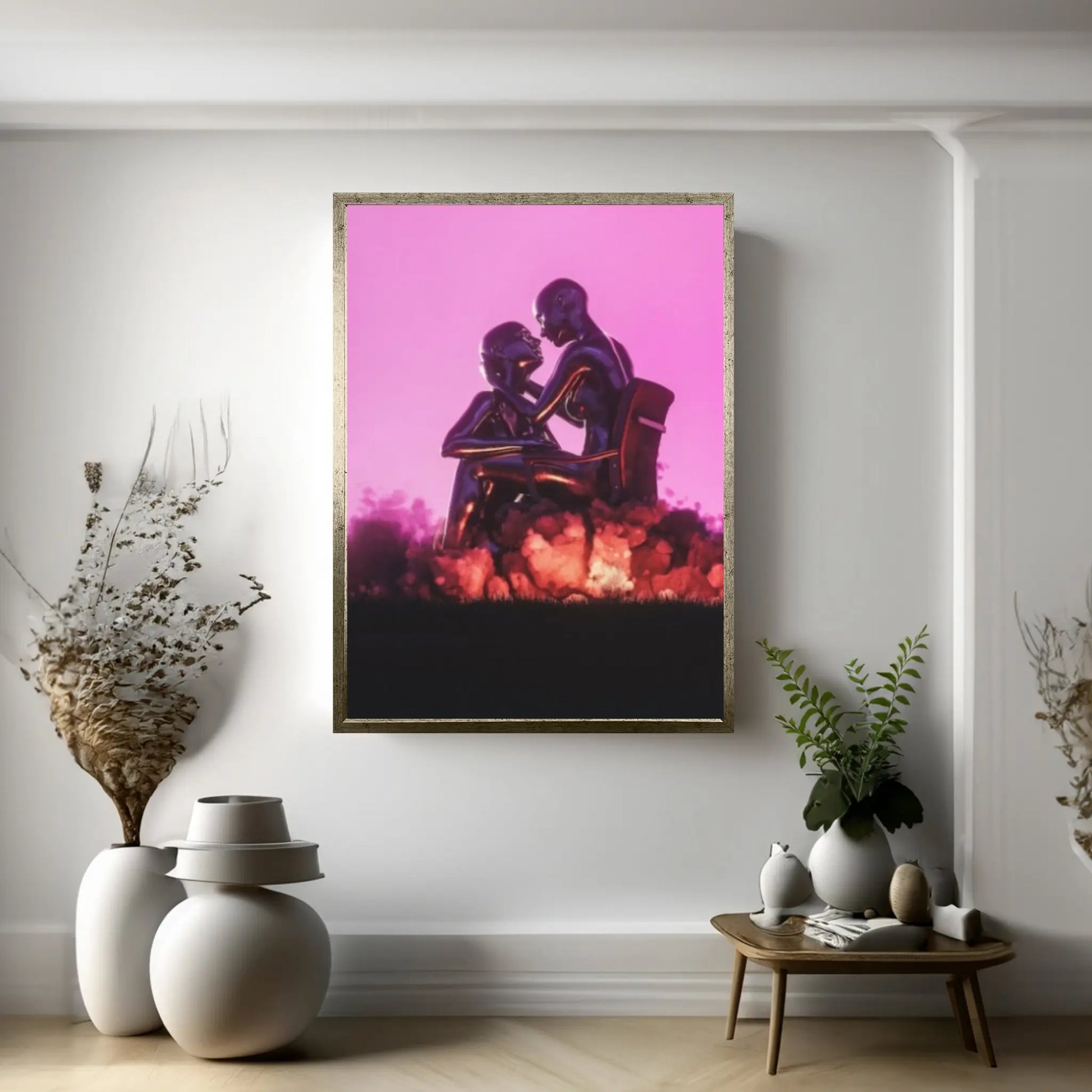 Large Silver Love Couples Canvas Metallic 3D Abstract Living Room Decor Home Decor Wall Art Canvas - Y Canvas