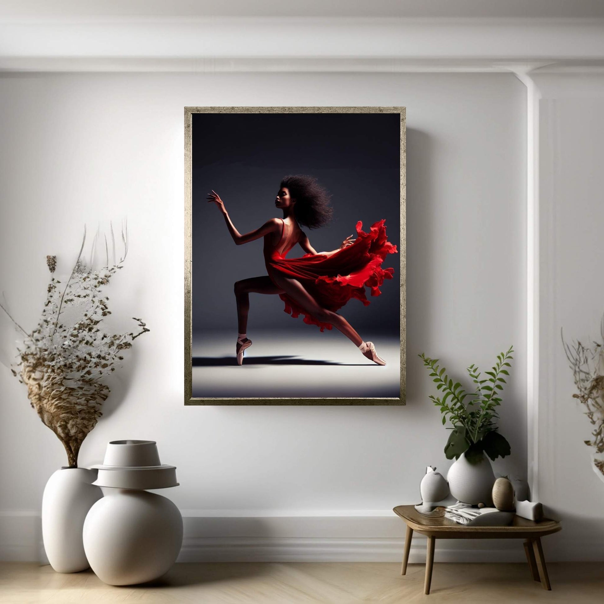 African Black Woman Ballerina in Red Dress Canvas Wall Art Home Decor - Y Canvas