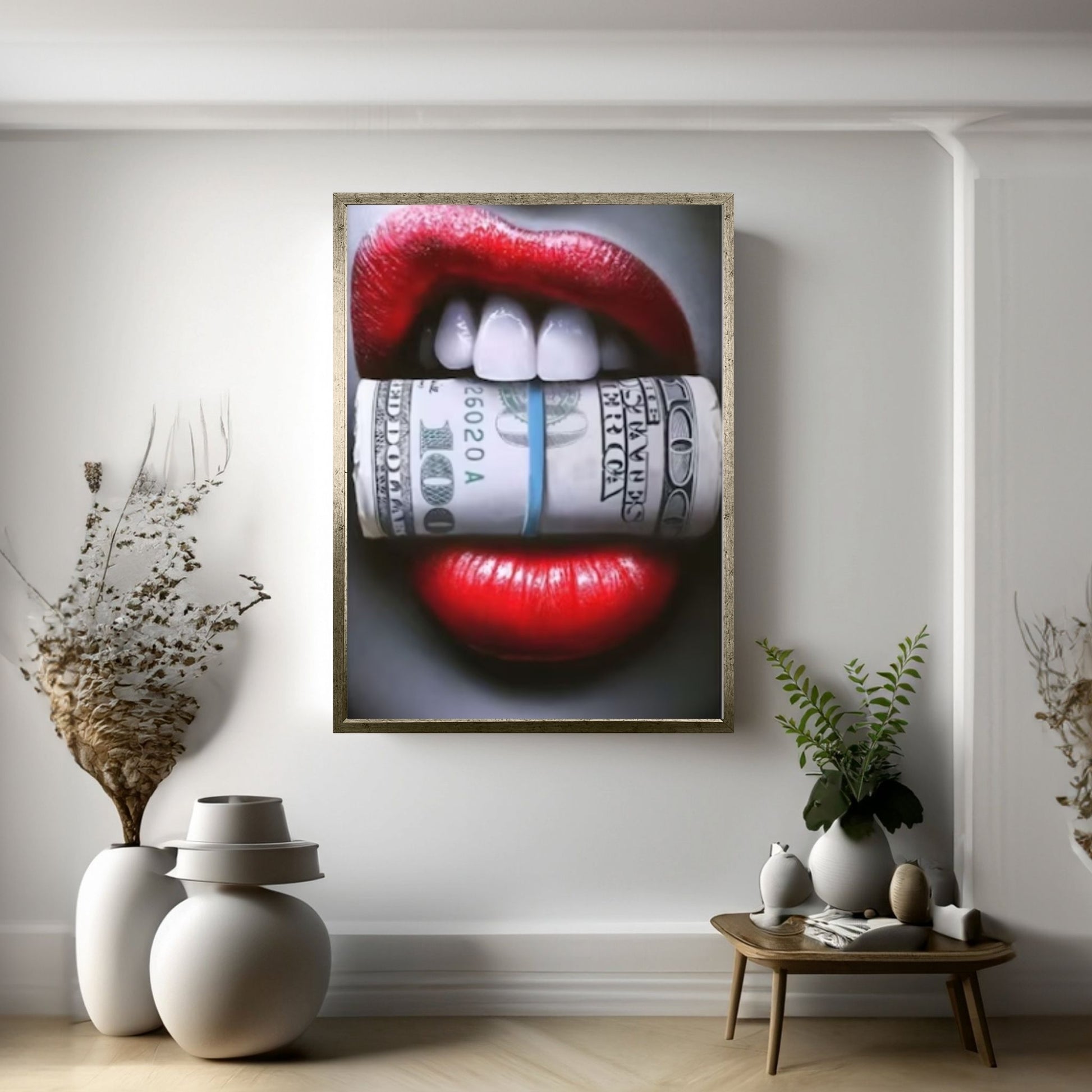Red Lips Canvas Wall Art, Smoking Woman Room Decor, Money Cigar Between Lips Wall Hangings - Y Canvas