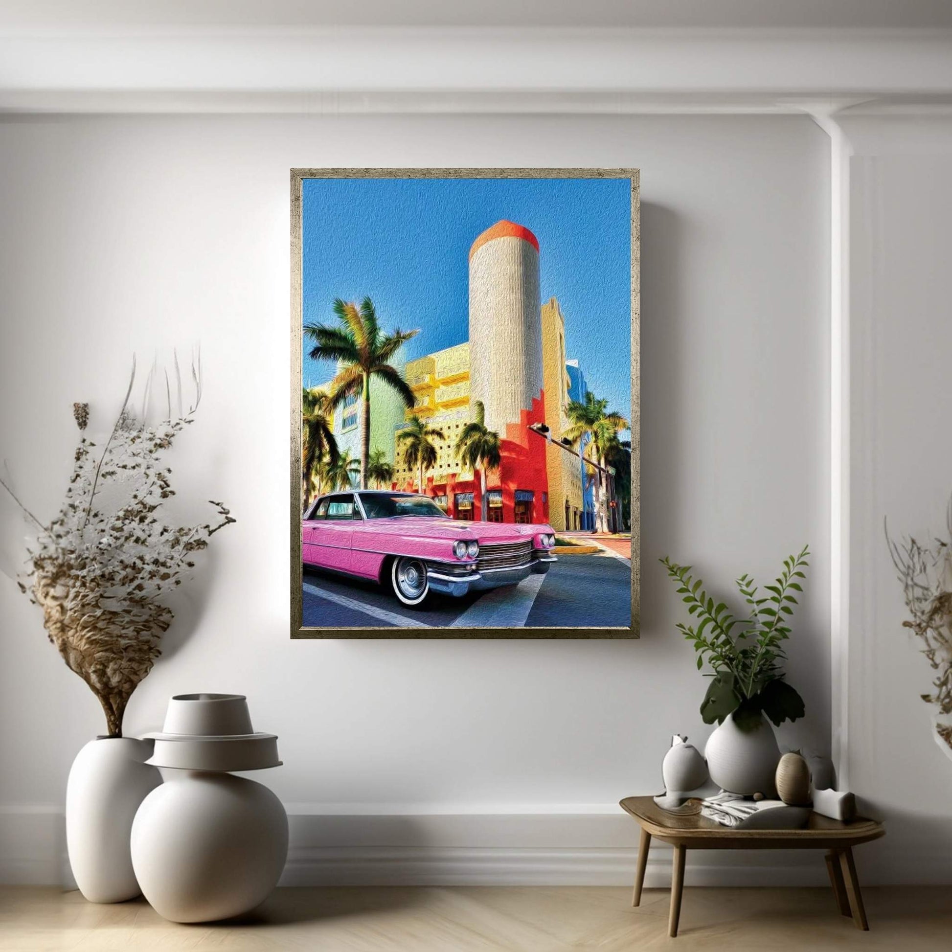 Pink Cadillac Miami Art District II Canvas Wall Art - Y Canvas