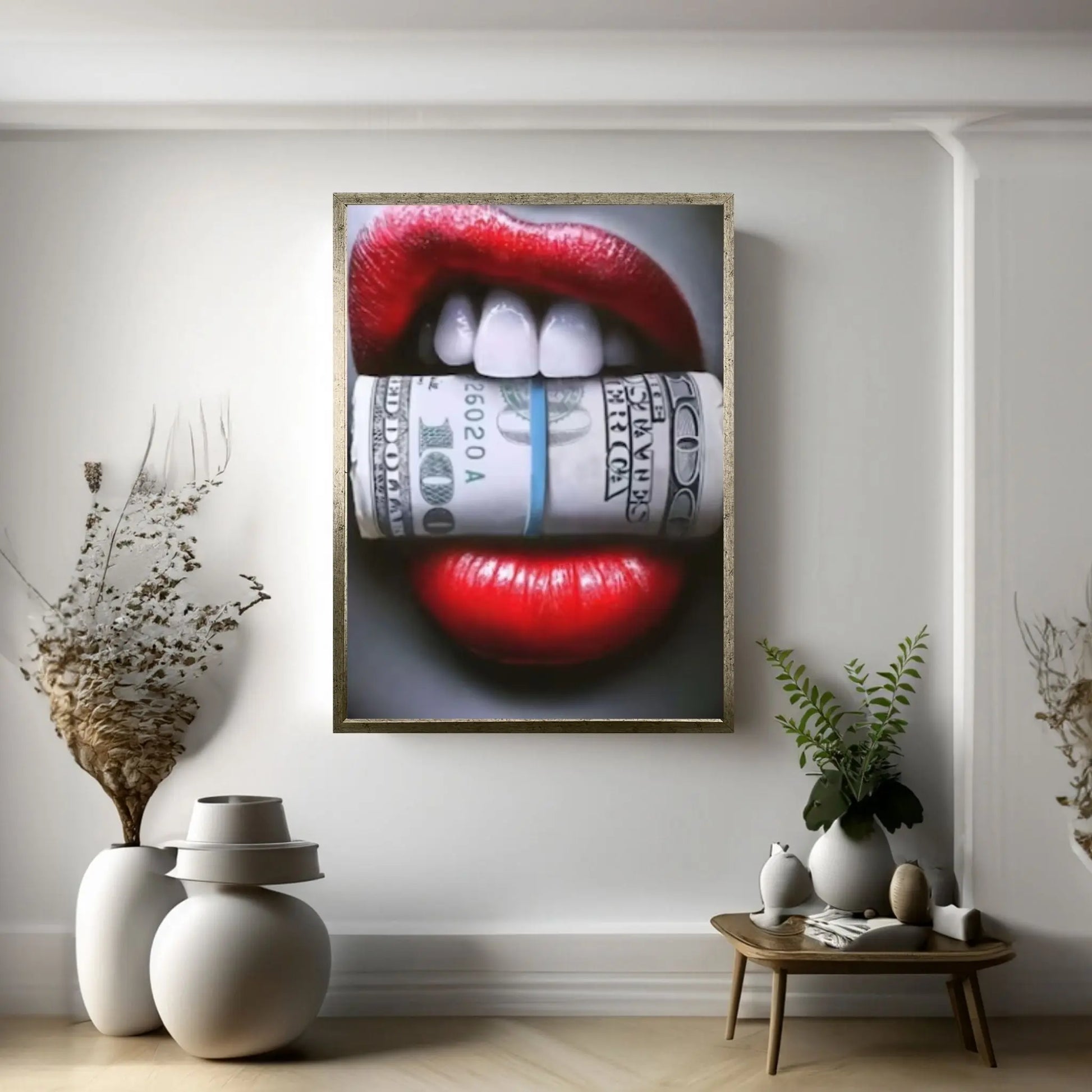 Red Lips Canvas Wall Art, Women Lips Canvas Wall Print, Money Cigar Between Lips Wall Hangings - Y Canvas