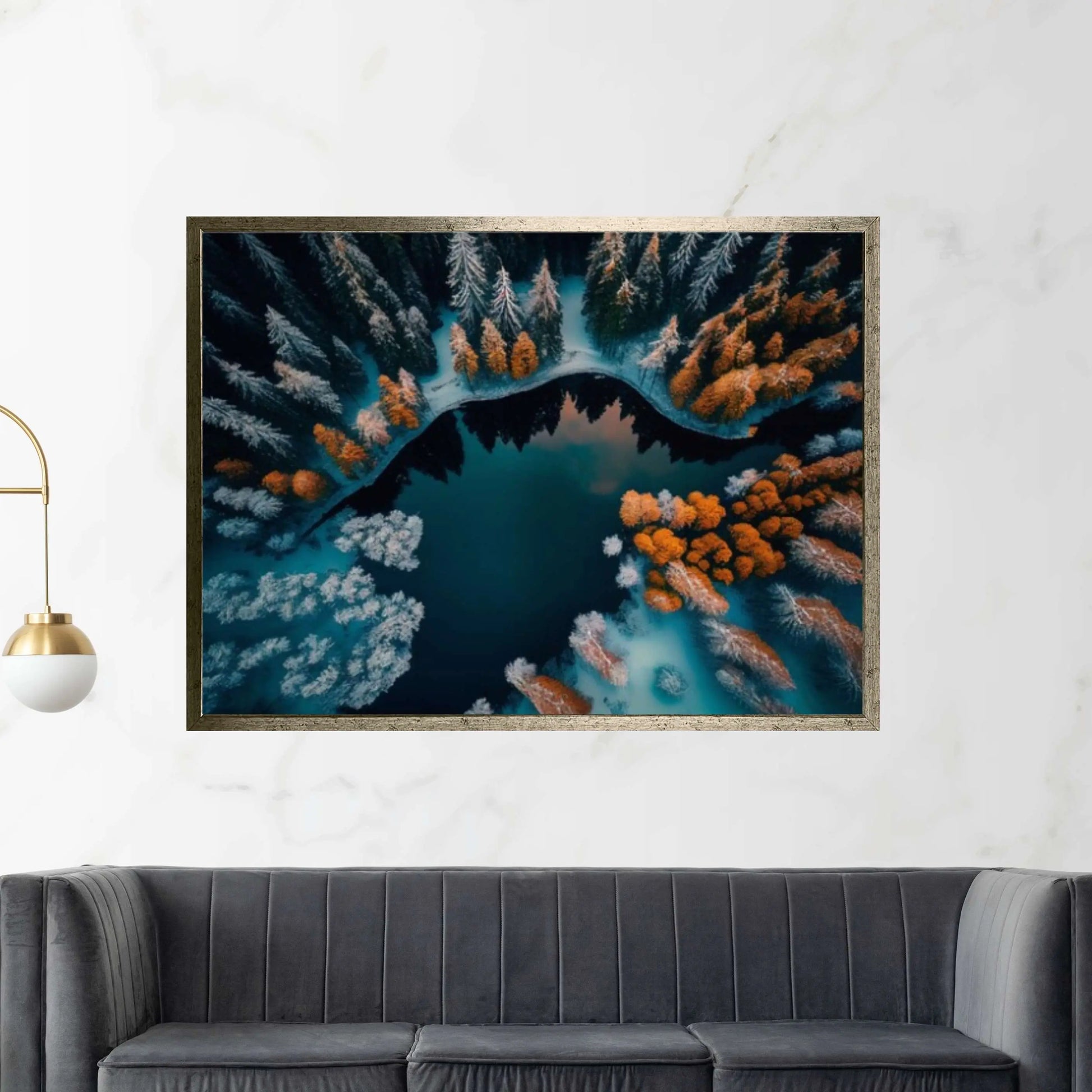 Snowy Pine Forest and Mountain Lake Canvas Wall Art - Y Canvas