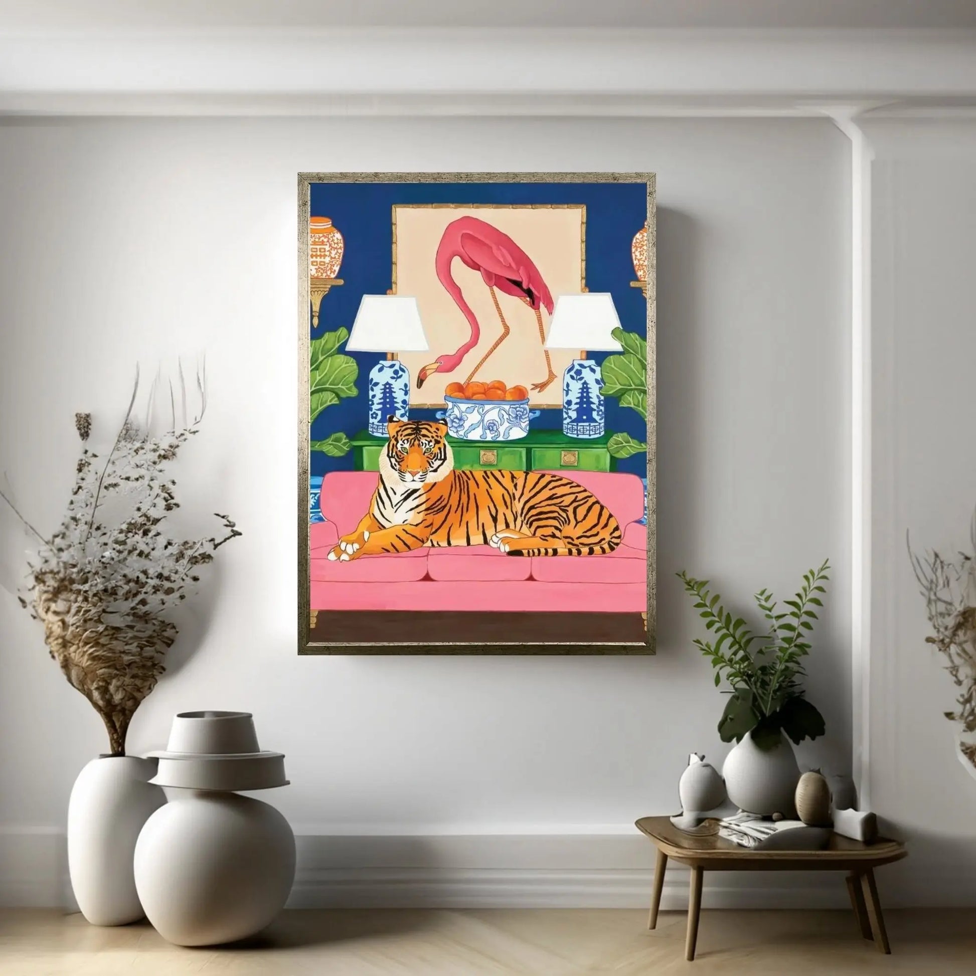 Chinoiserie Tiger In The Living Room With Flamingo Ginger Jar And Fiddle Leaf Fig Canvas Wall Art - Y Canvas