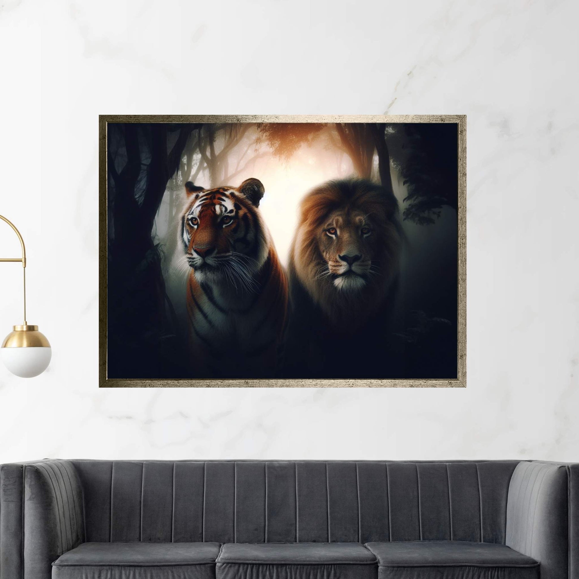 Lion and Tiger Couple Canvas Print Art,Animal Wall Art, Canvas Wall Art - Y Canvas