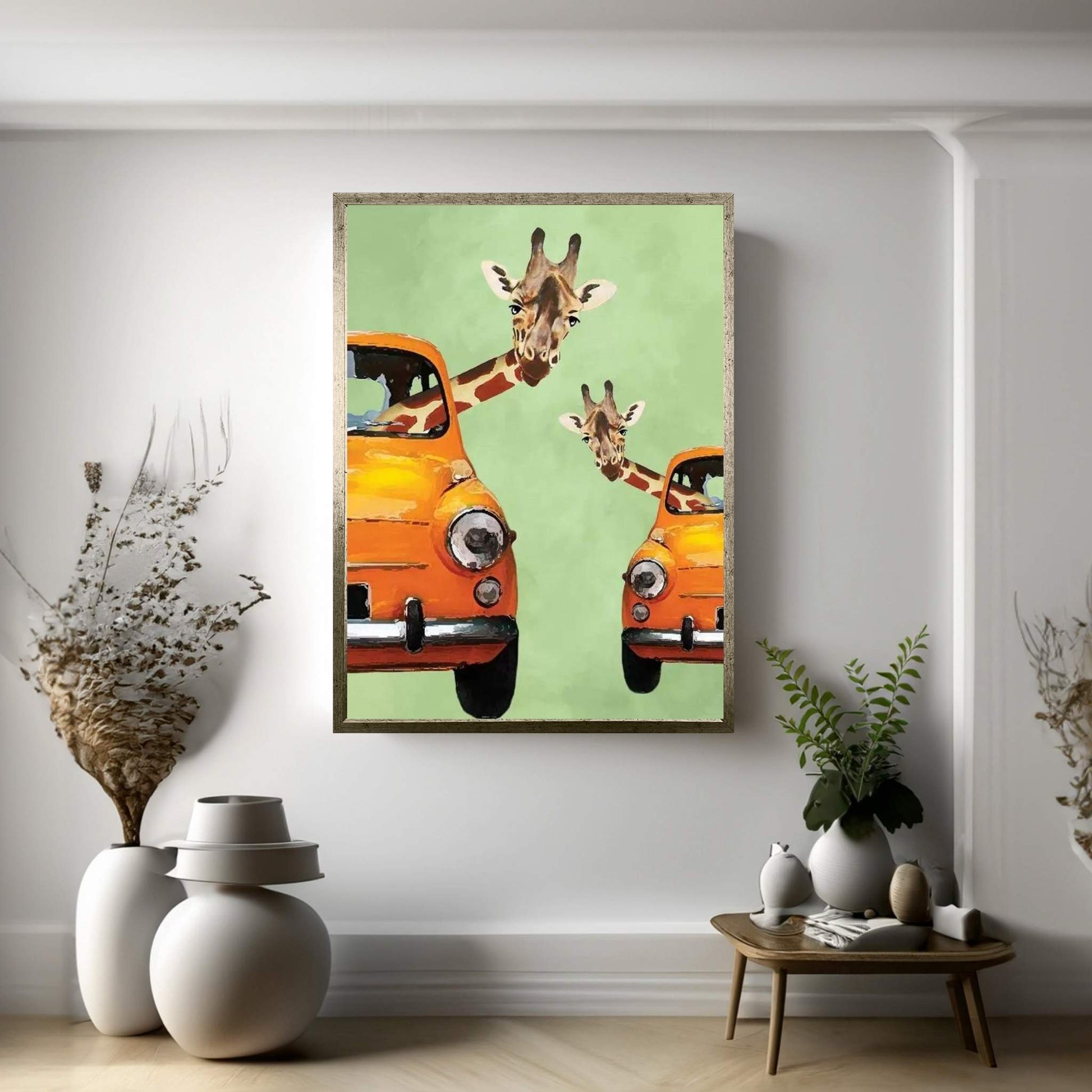 Giraffes In Yellow Cars Canvas Wall Art - Y Canvas