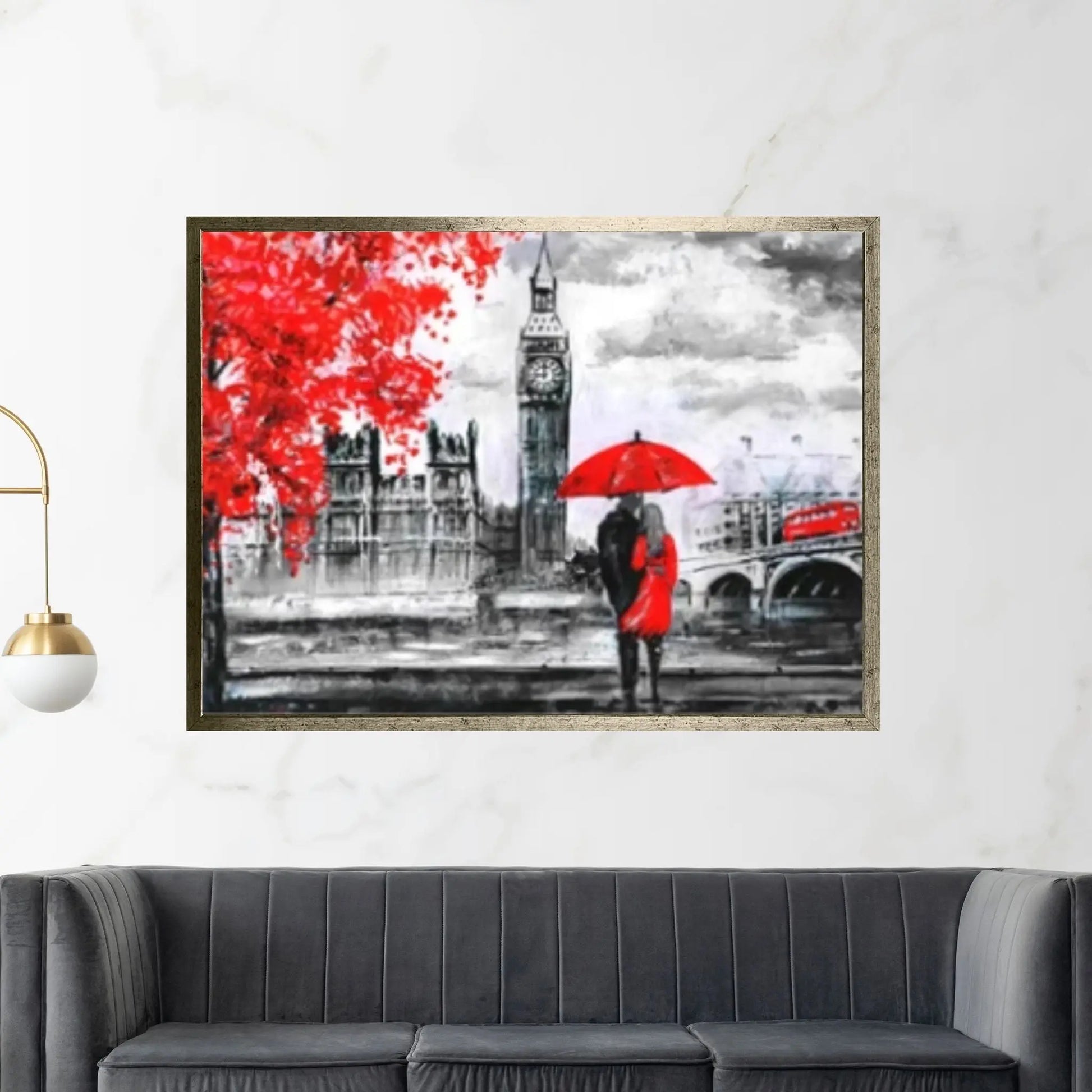 England Bridge illustration Man and woman under red umbrella photo London street Oil painting Canvas Wall Art - Y Canvas