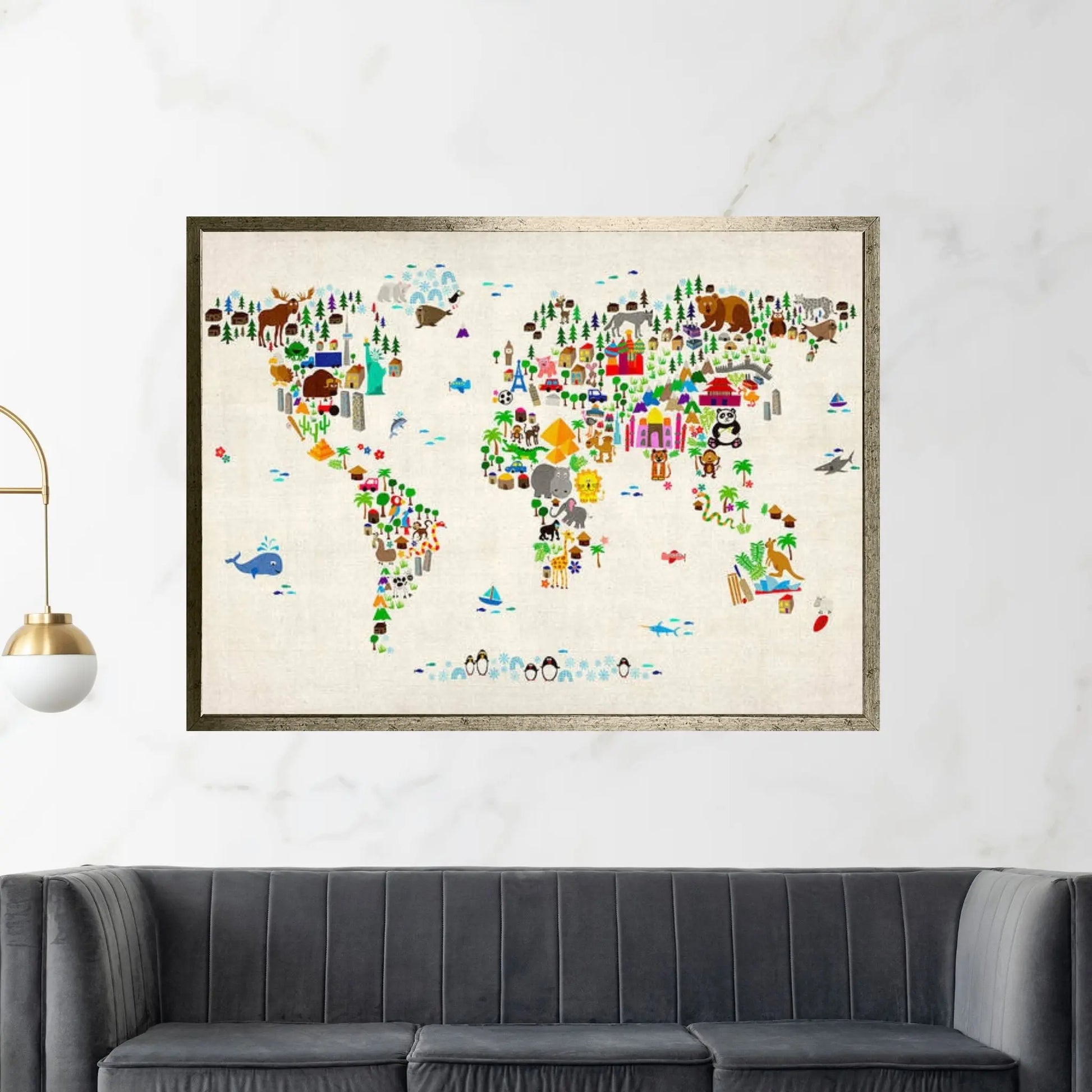 Animal Map of The World Canvas Wall Art - Y Canvas