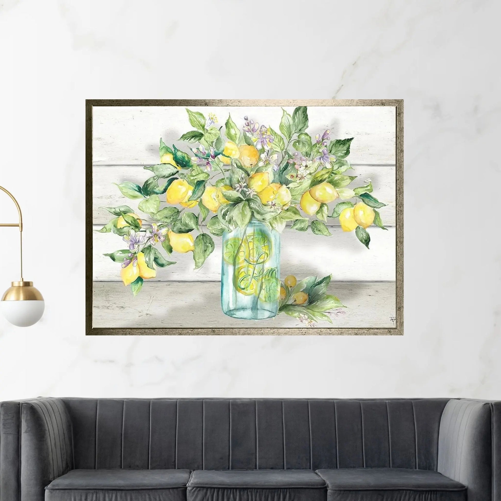 Watercolor Lemons in Mason Jar Landscape Canvas Wall Art - Y Canvas