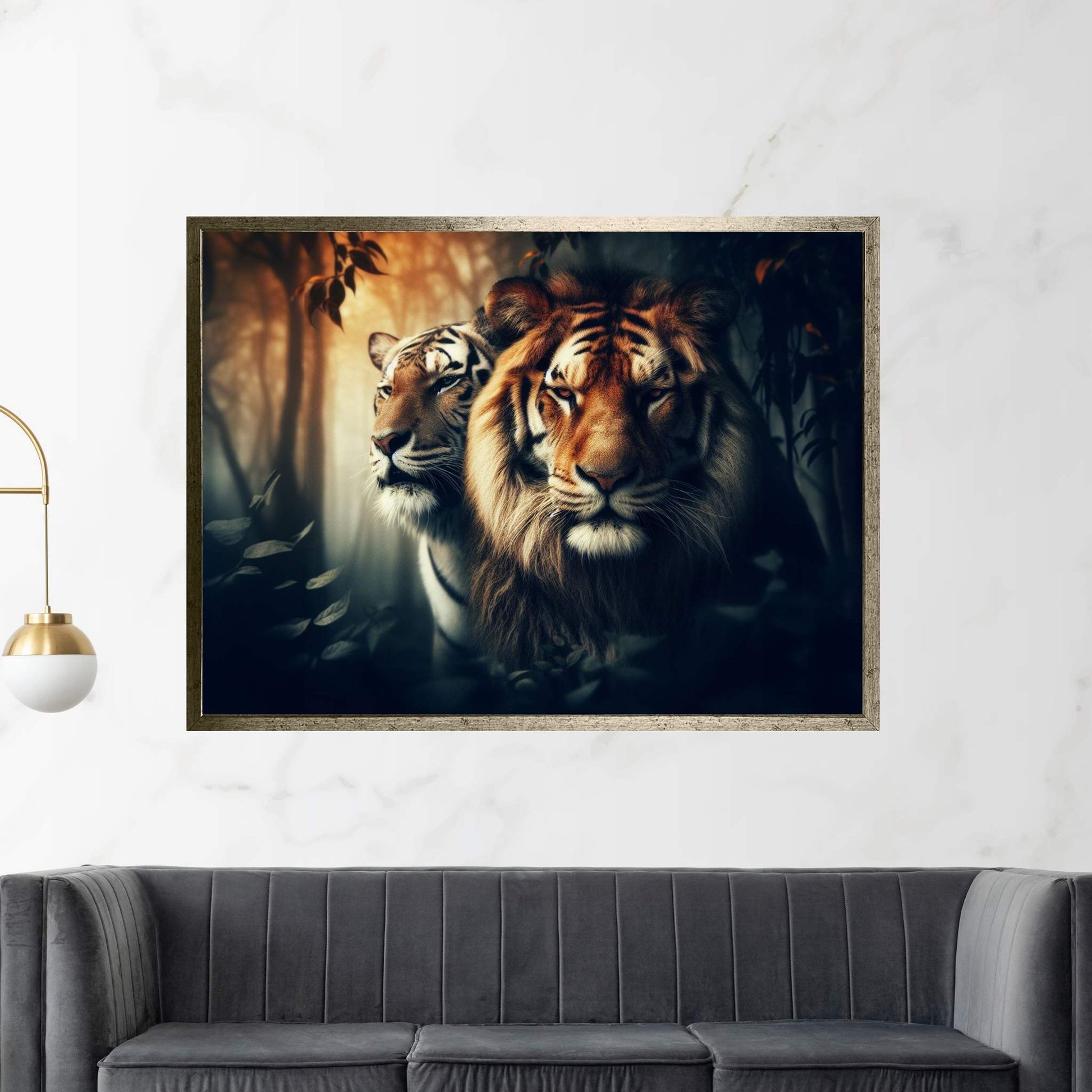 Lion and Tiger Couple Canvas Print Art,Animal Wall Art, Canvas Wall Art - Y Canvas