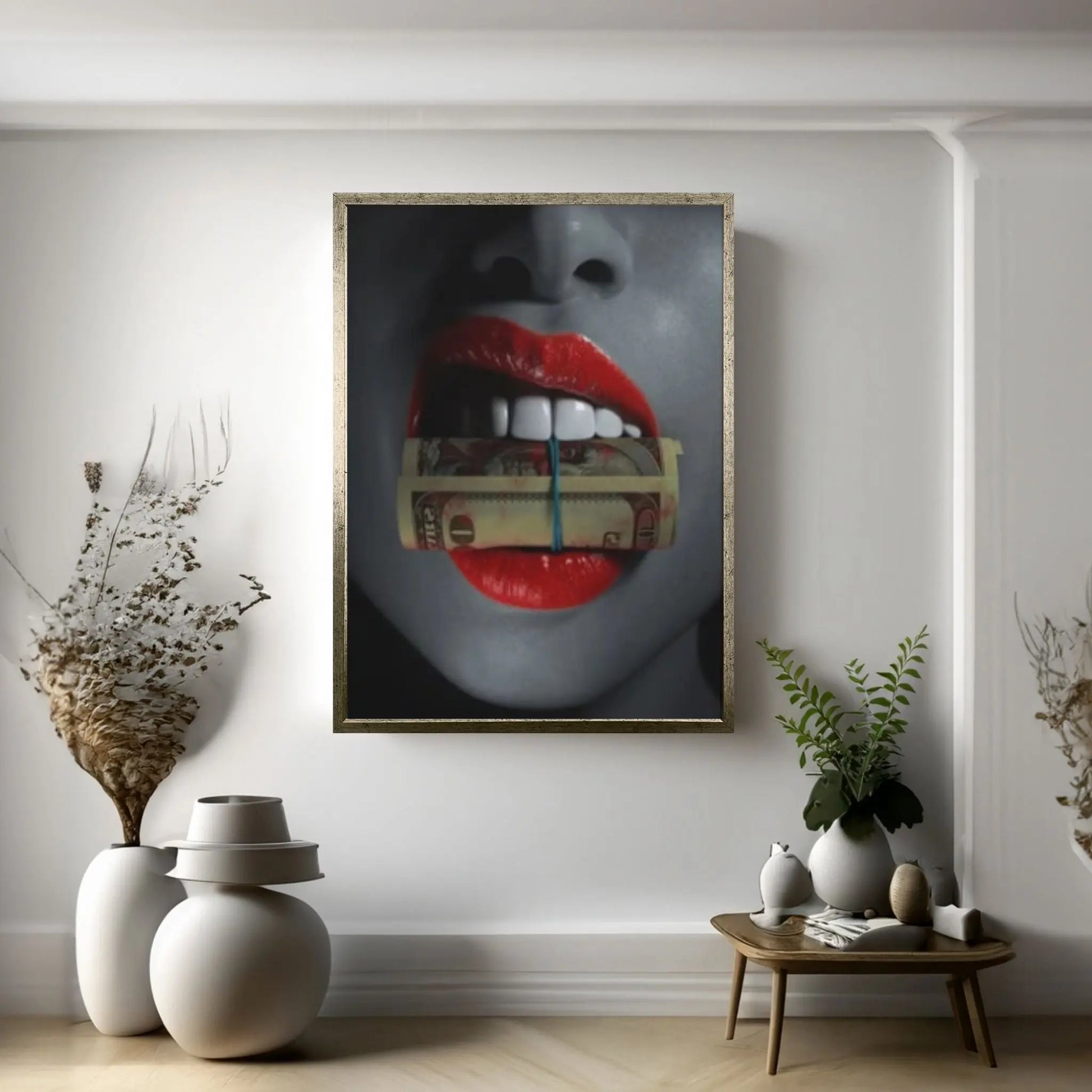 Red Lips Canvas Wall Art, Women Lips Canvas Wall Print, Money Cigar Between Lips Wall Hangings - Y Canvas