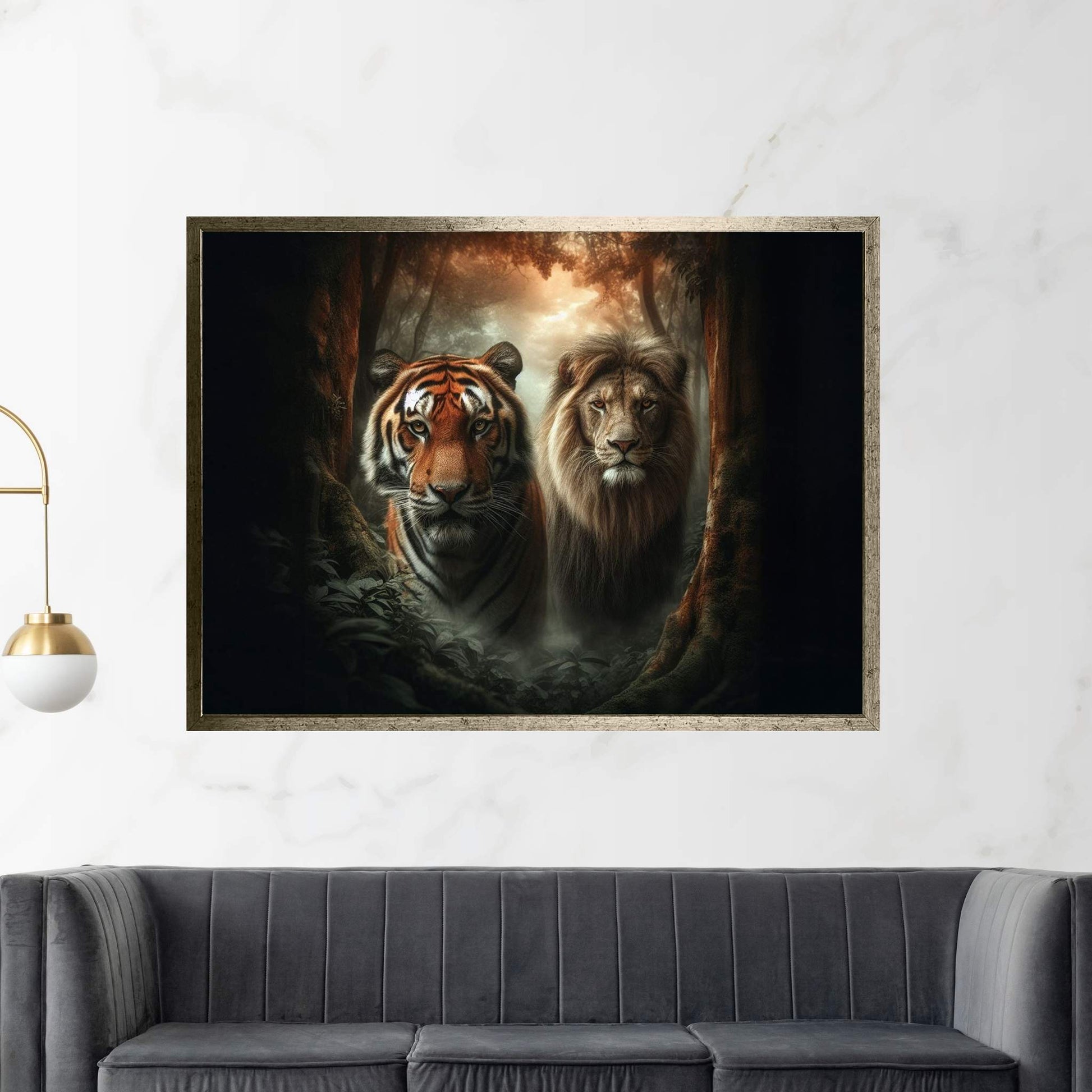 Lion and Tiger Couple Canvas Print Art,Animal Wall Art, Canvas Wall Art - Y Canvas