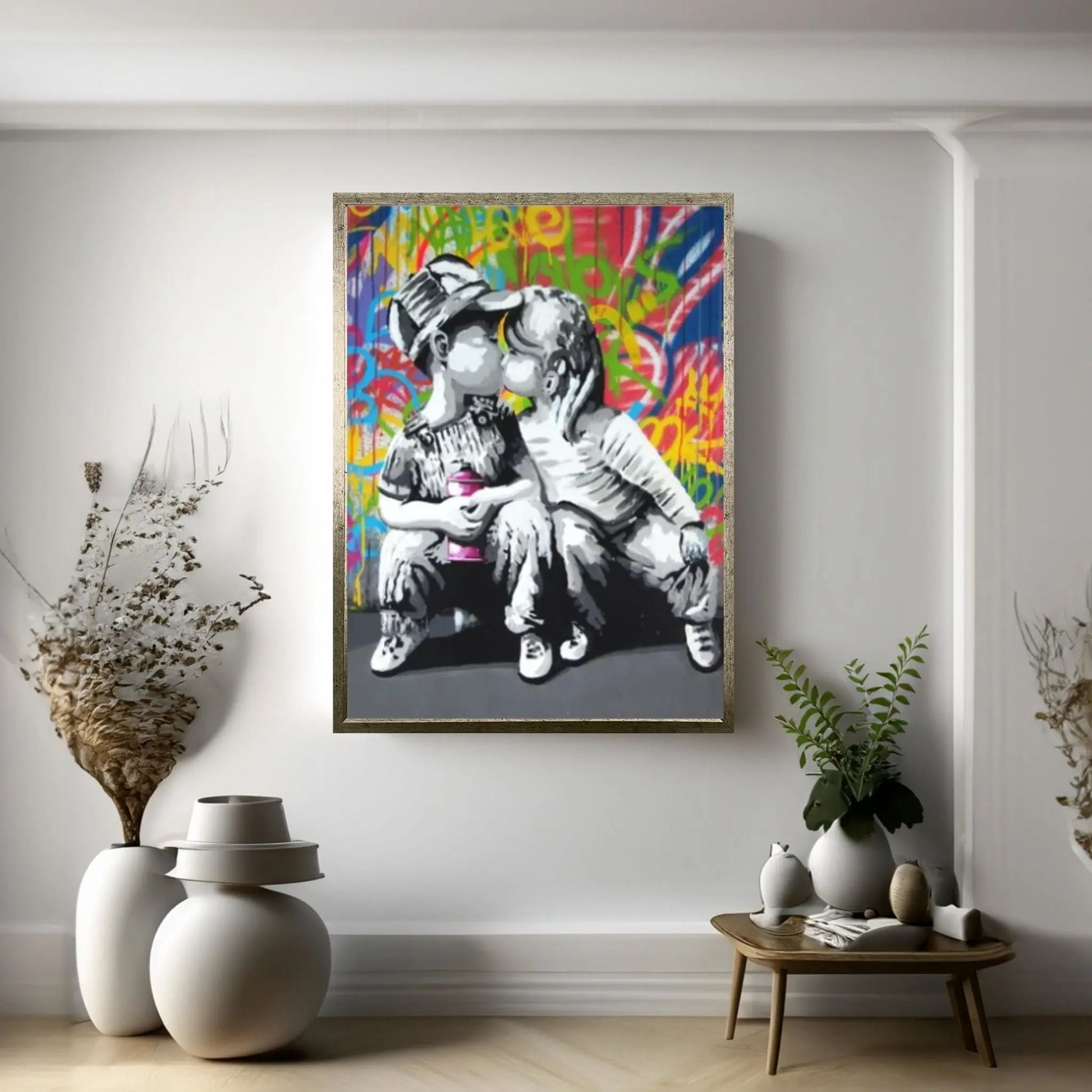 Banksy Art Canvas-Banksy Graffiti "Kids Sweet Kiss" Street Art Canvas Wall Art Poster Print Home Decor - Y Canvas