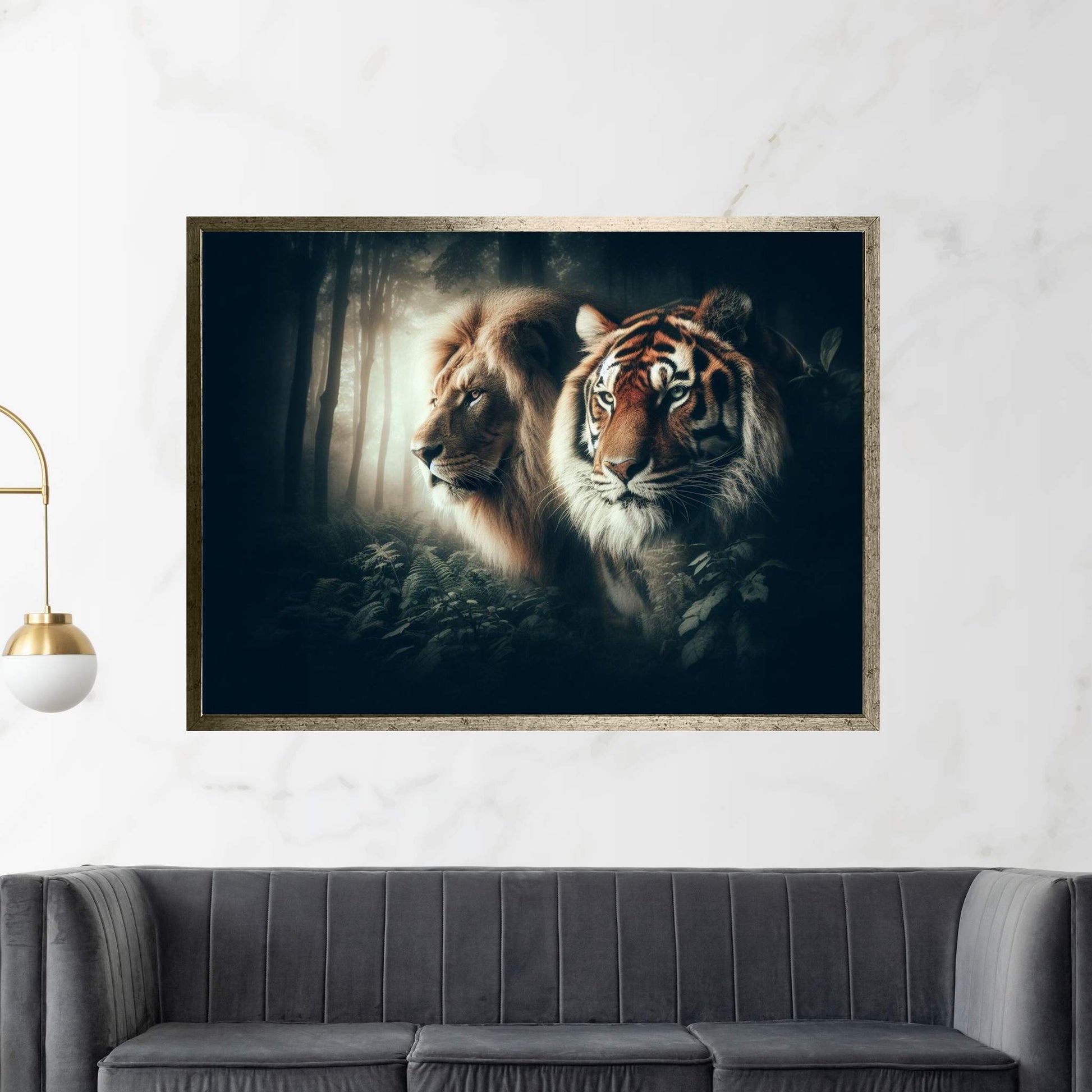 Lion and Tiger Couple Canvas Print Art,Animal Wall Art, Canvas Wall Art - Y Canvas