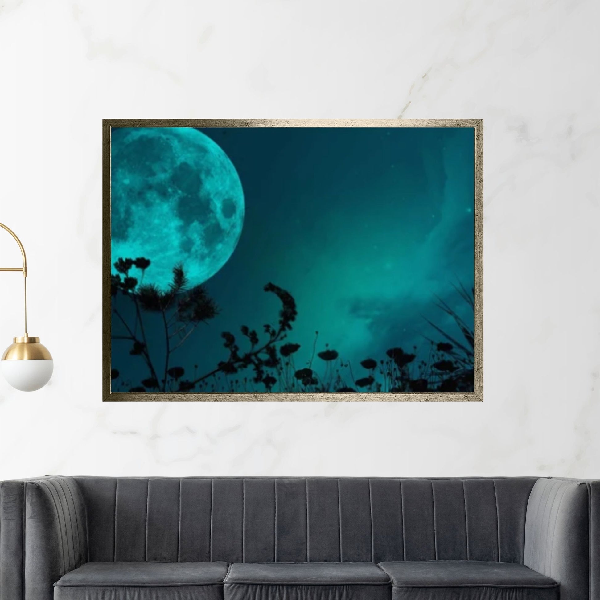 Green Moon at Night Natural Canvas Wall Art, Landscape Printing Wall Art - Y Canvas