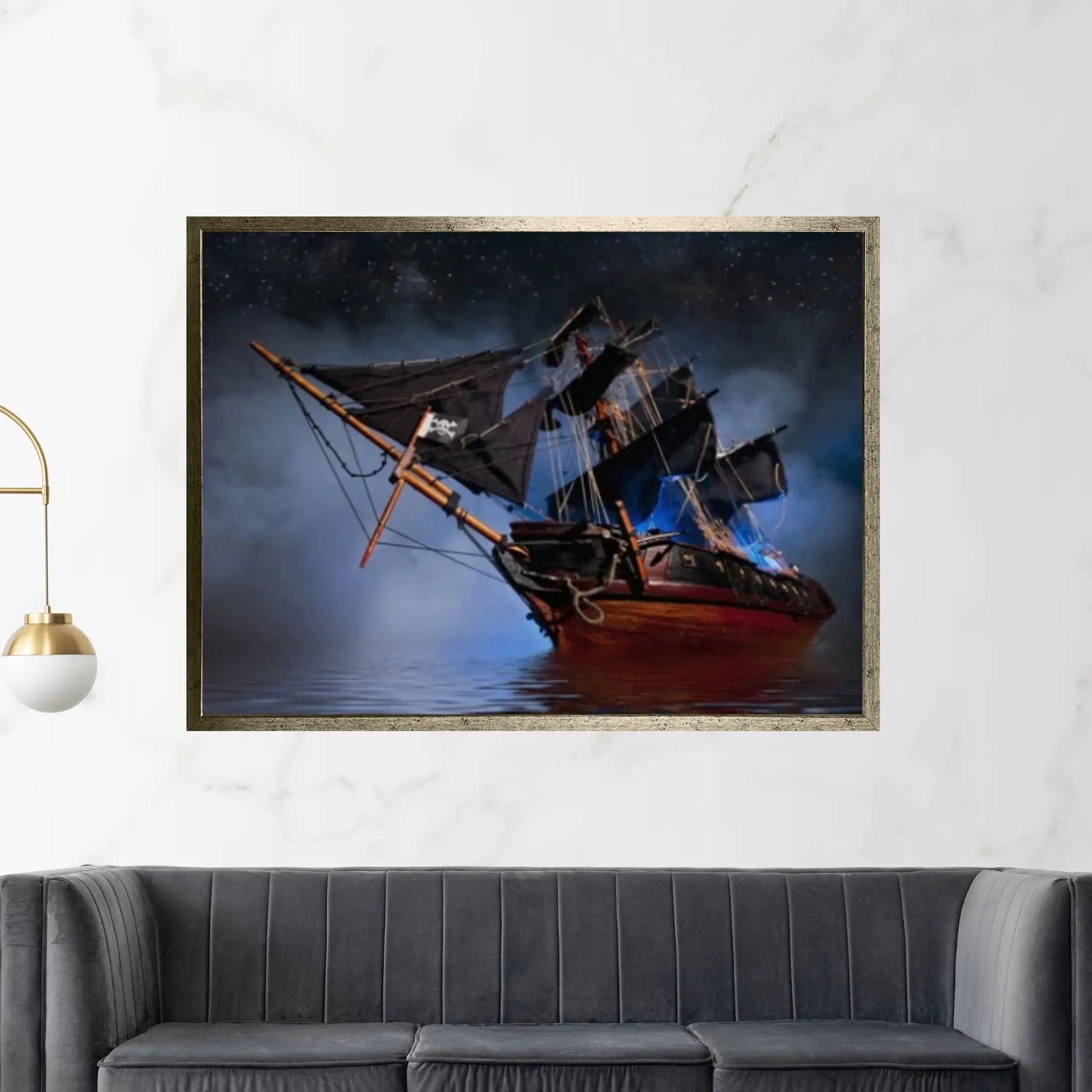 Large Dark Sea Pirates Ship Canvas Wall Art, Pirates Canvas Wall Print, Corsair on Sea Wall Hangings, Dark Colours Boat Room Decor - Y Canvas