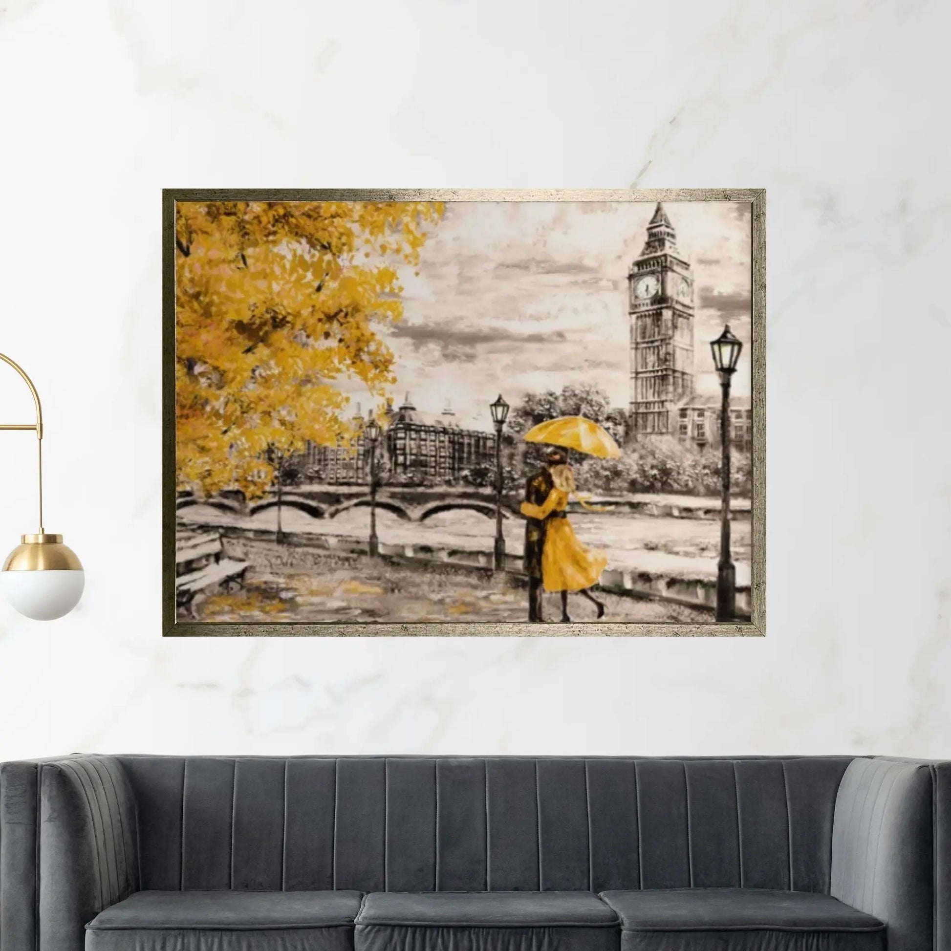 England Bridge illustration Man and woman under Yellow umbrella photo London street Oil painting Canvas Wall Art - Y Canvas