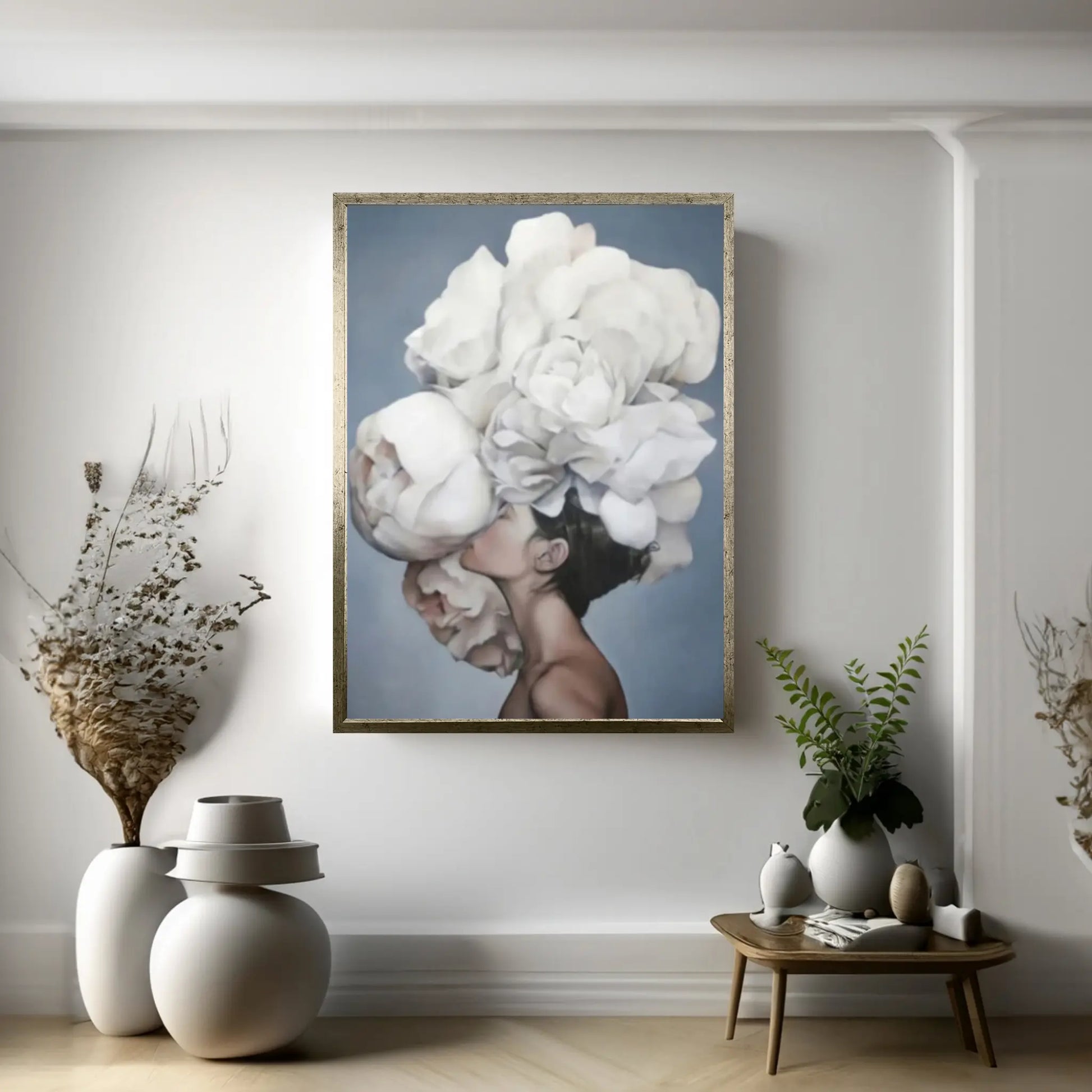Flowers Feathers Woman Abstract Canvas Painting Wall Art Decorative Painting - Y Canvas