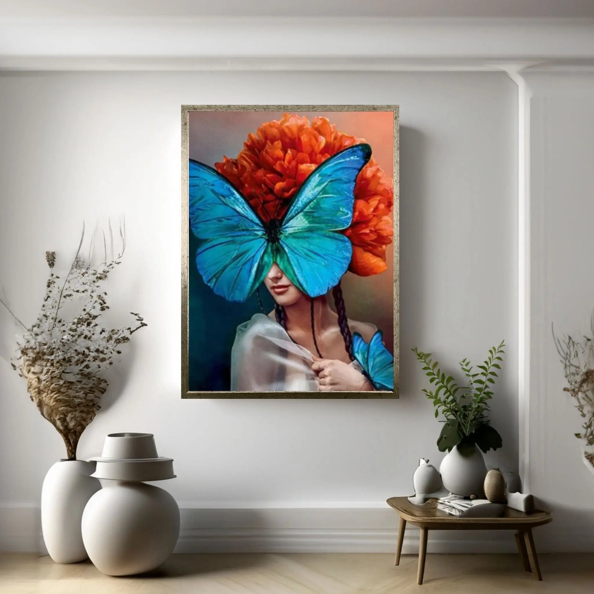 Blue Butterfly and Woman, Canvas Wall Art Print Poster flower woman painting - Y Canvas