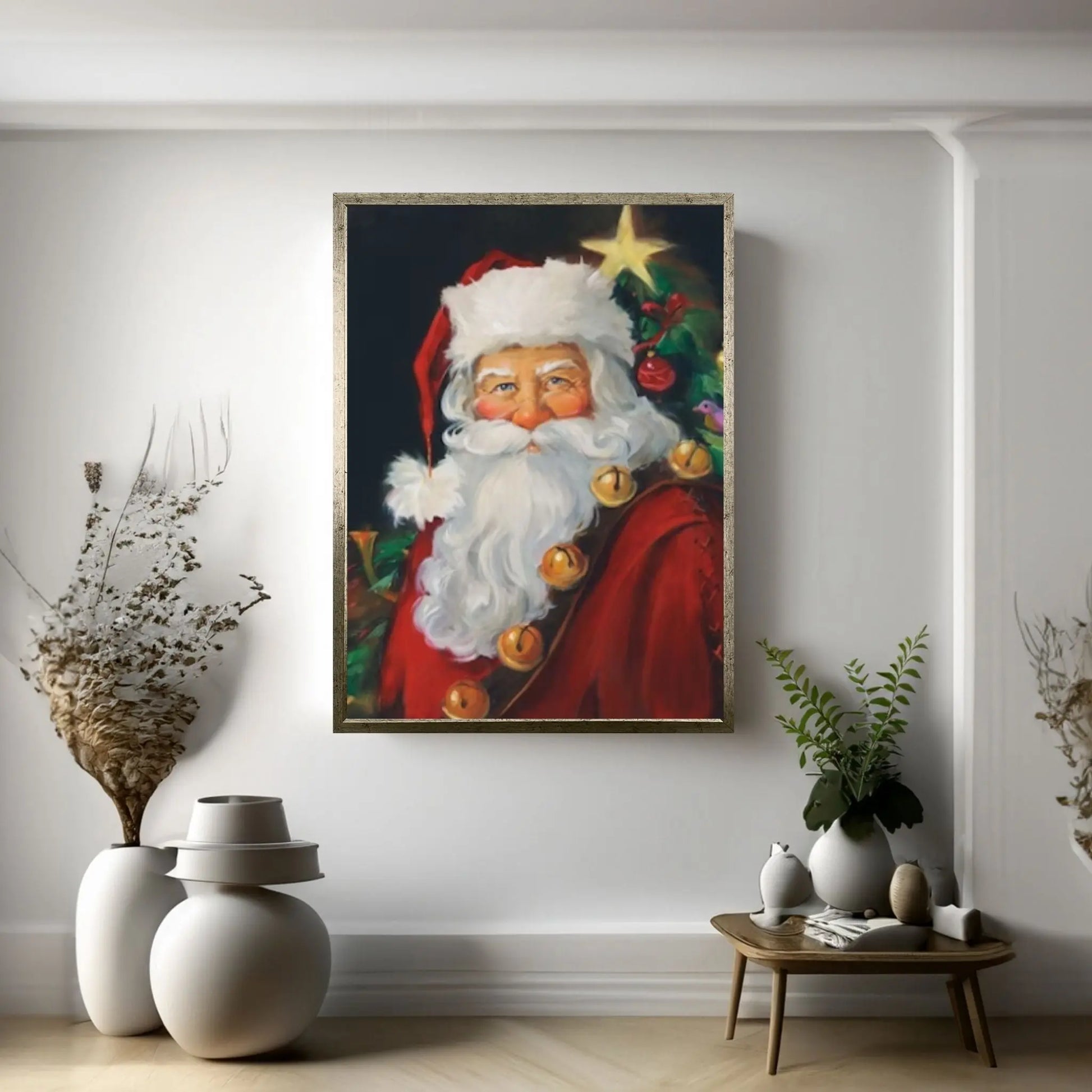 Santa with Christmas Tree Canvas Wall Art Print - Christmas Canvas Wall Art Decor - Y Canvas