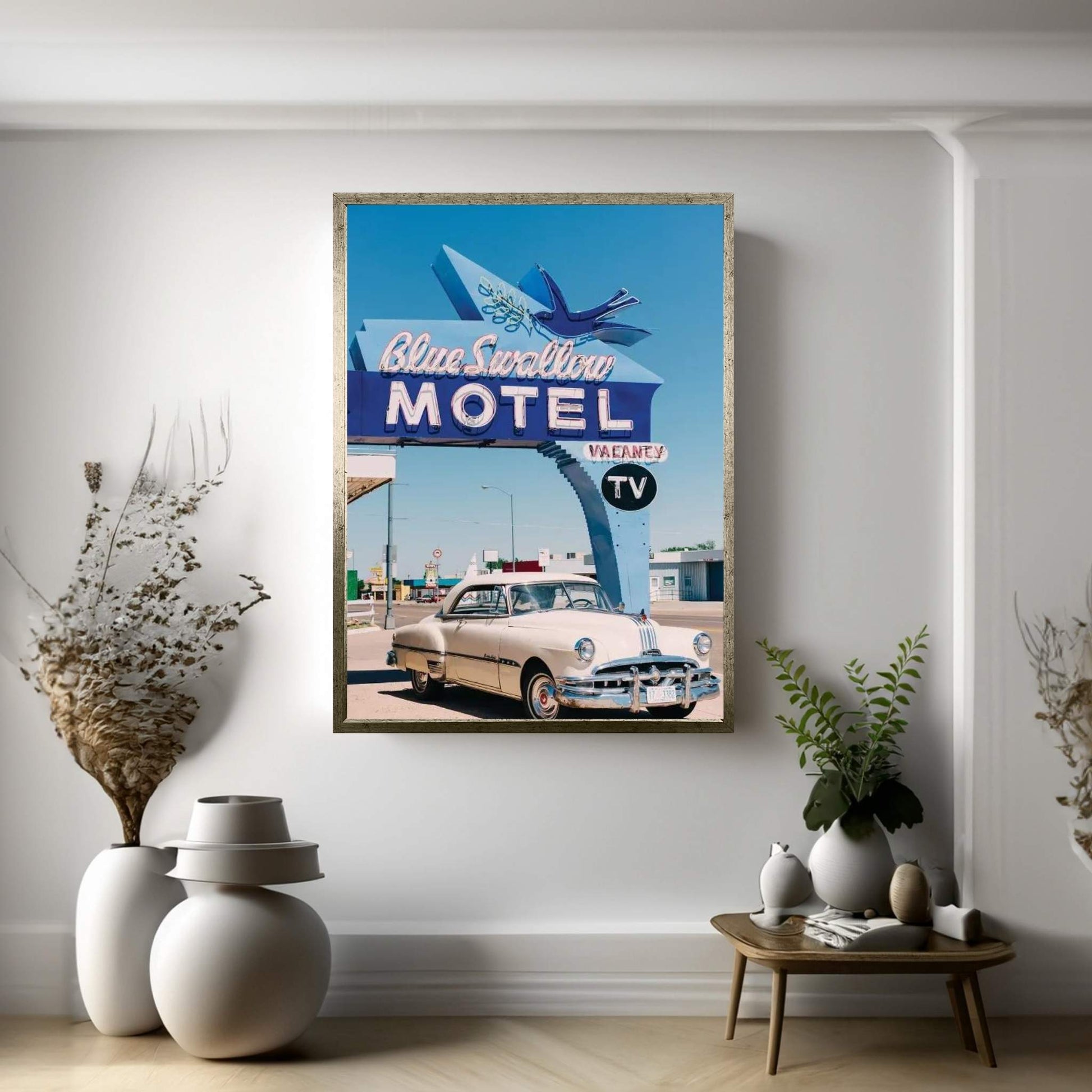 Blue Swallow Motel Canvas Wall Art - Y Canvas
