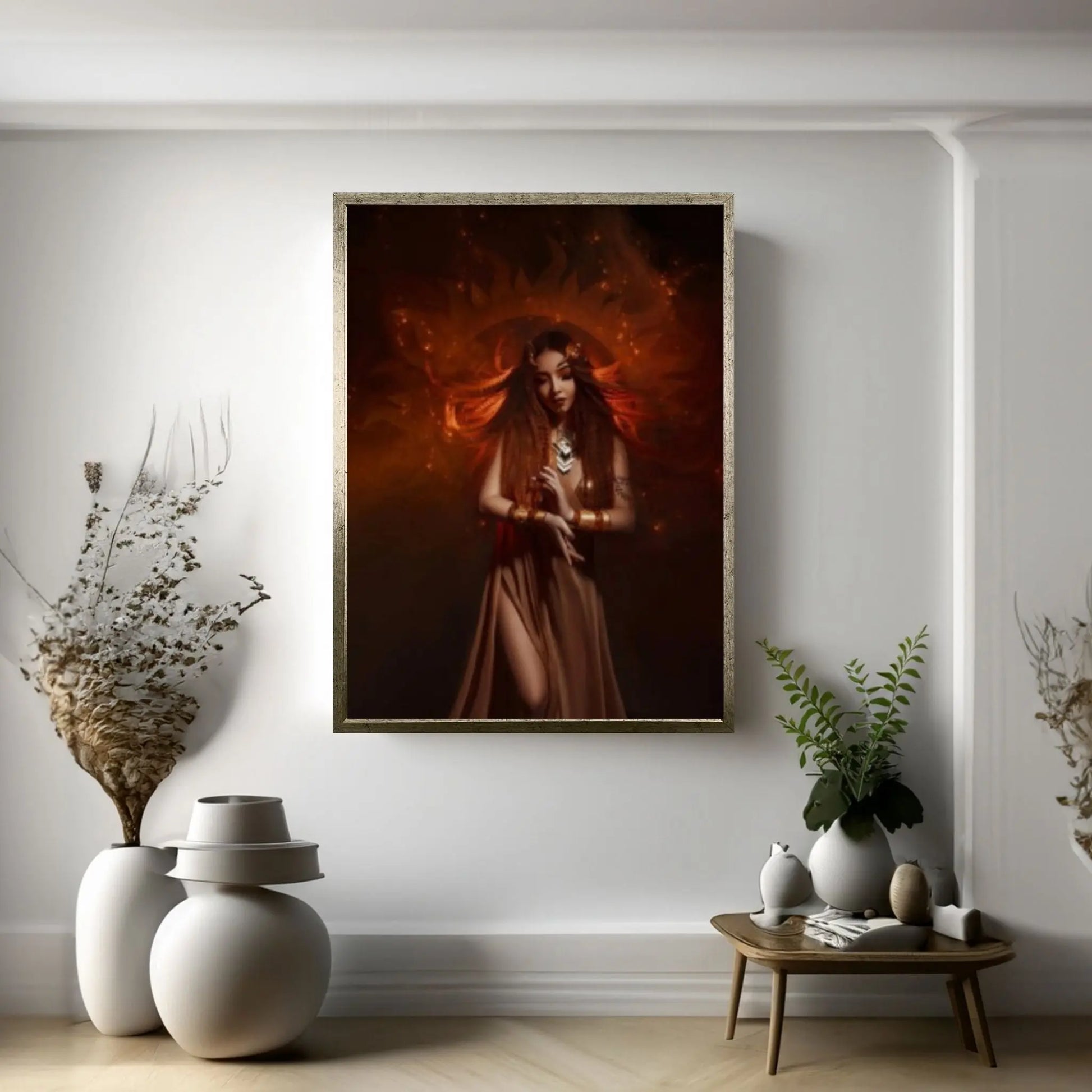 Beautiful Sexy Woman Print Canvas Wall Art , red-haired girl - a priestess of the sun. Dress and jewelry in ethnic style - Y Canvas