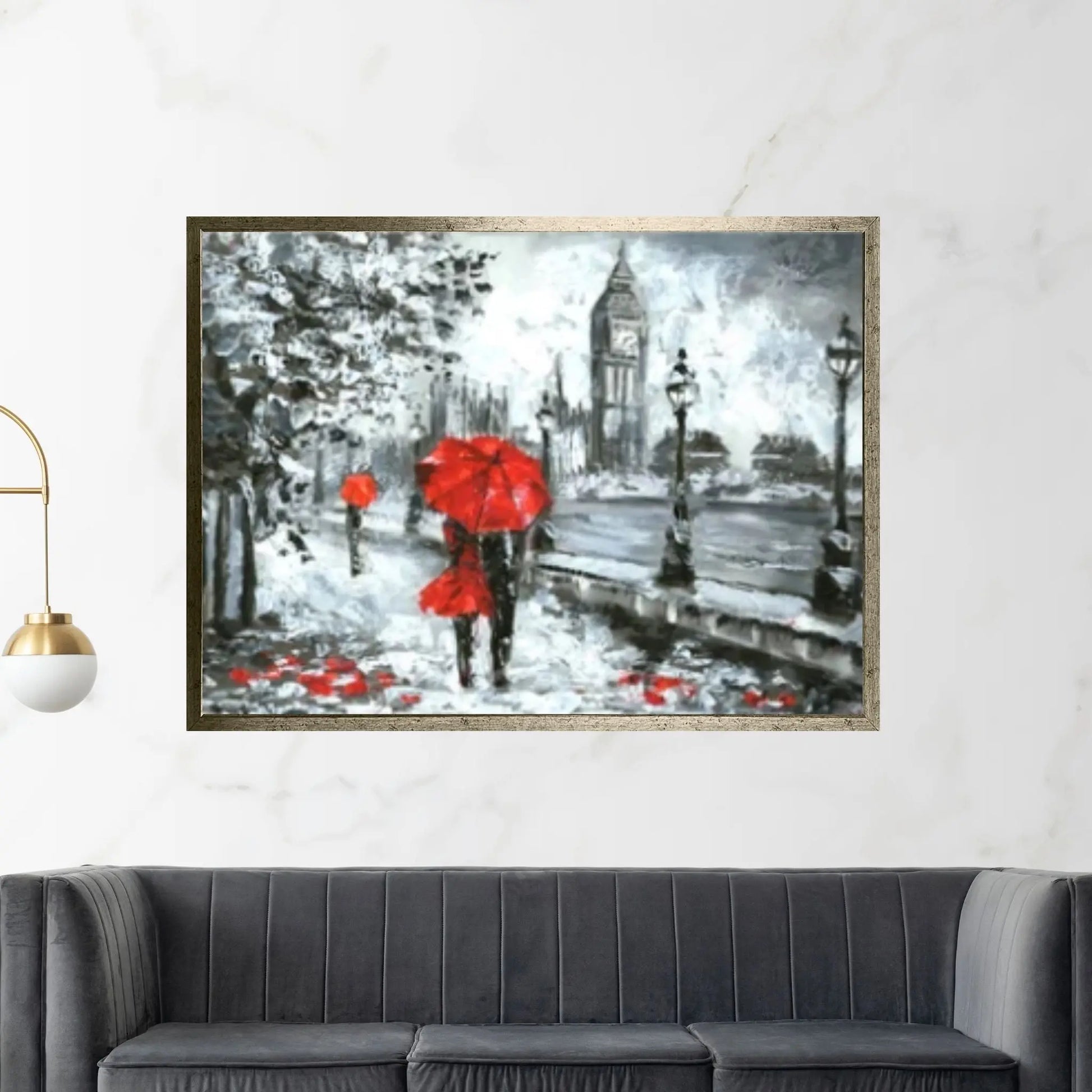 England Bridge illustration Man and woman under red umbrella photo London street Oil painting Canvas Wall Art - Y Canvas