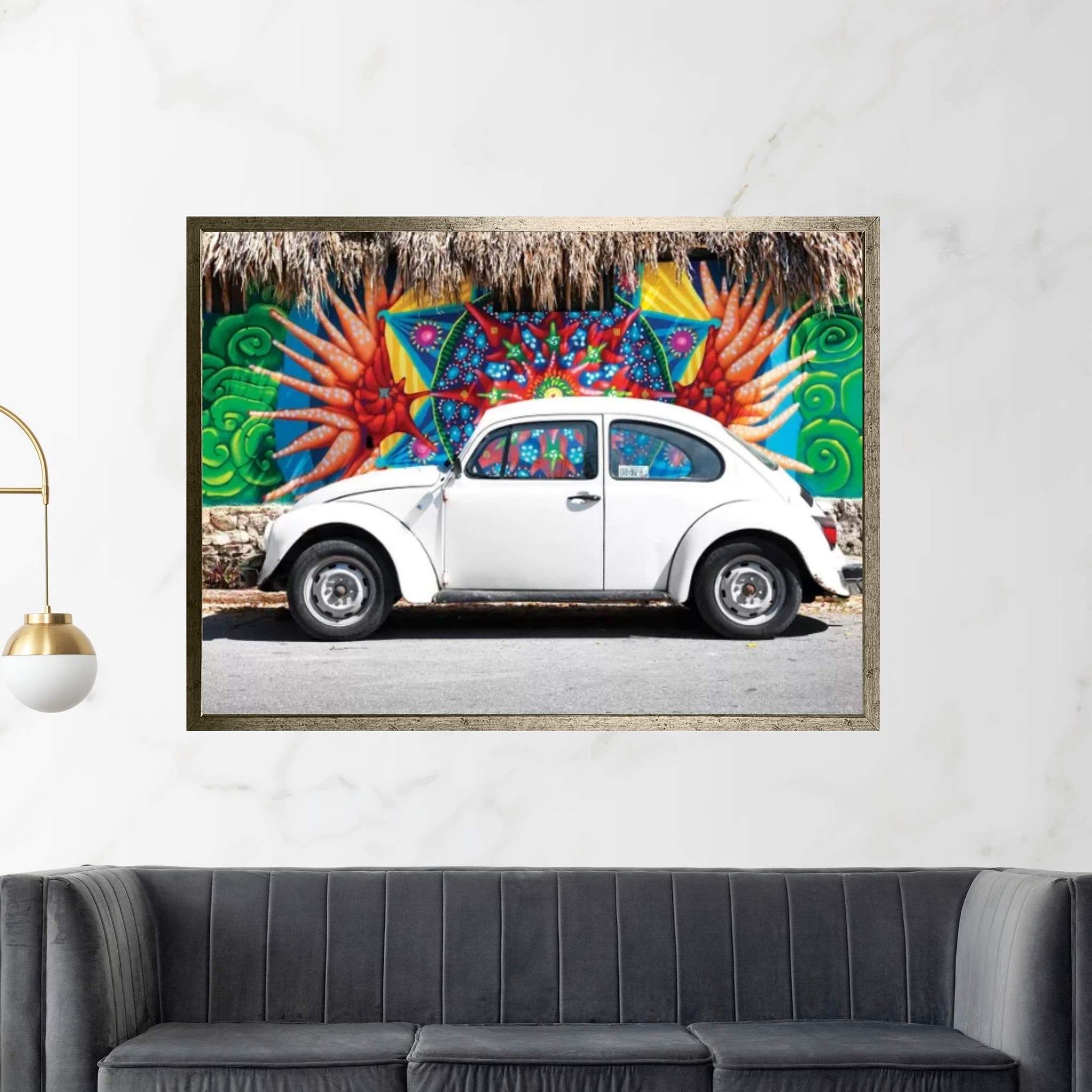White VW Beetle Car In Cancun Canvas Wall Art - Y Canvas