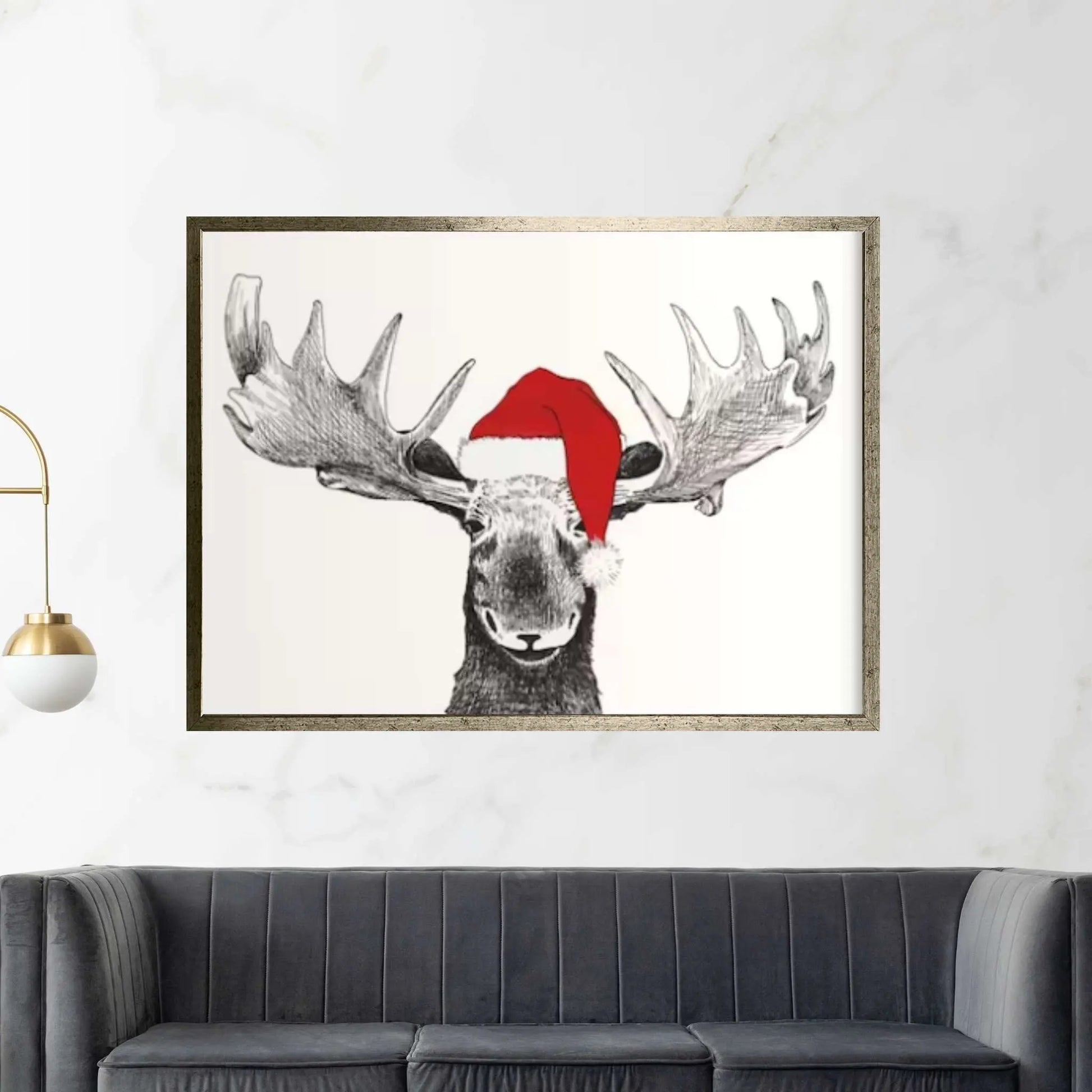Santa Moose Pine Framed Canvas | Winter Wall Decor | Kids Room Christmas Decor - Y Canvas