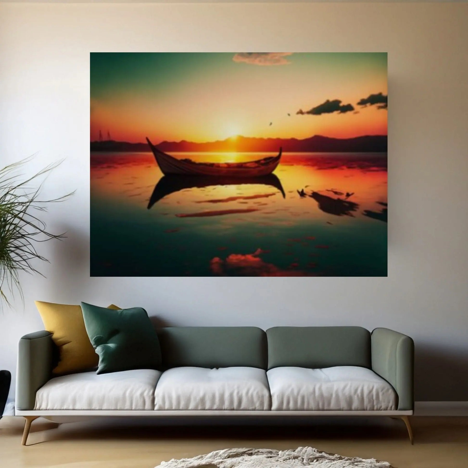 Sunset and Boat Canvas Wall Art, Home Decor Landscape Art Print - Y Canvas