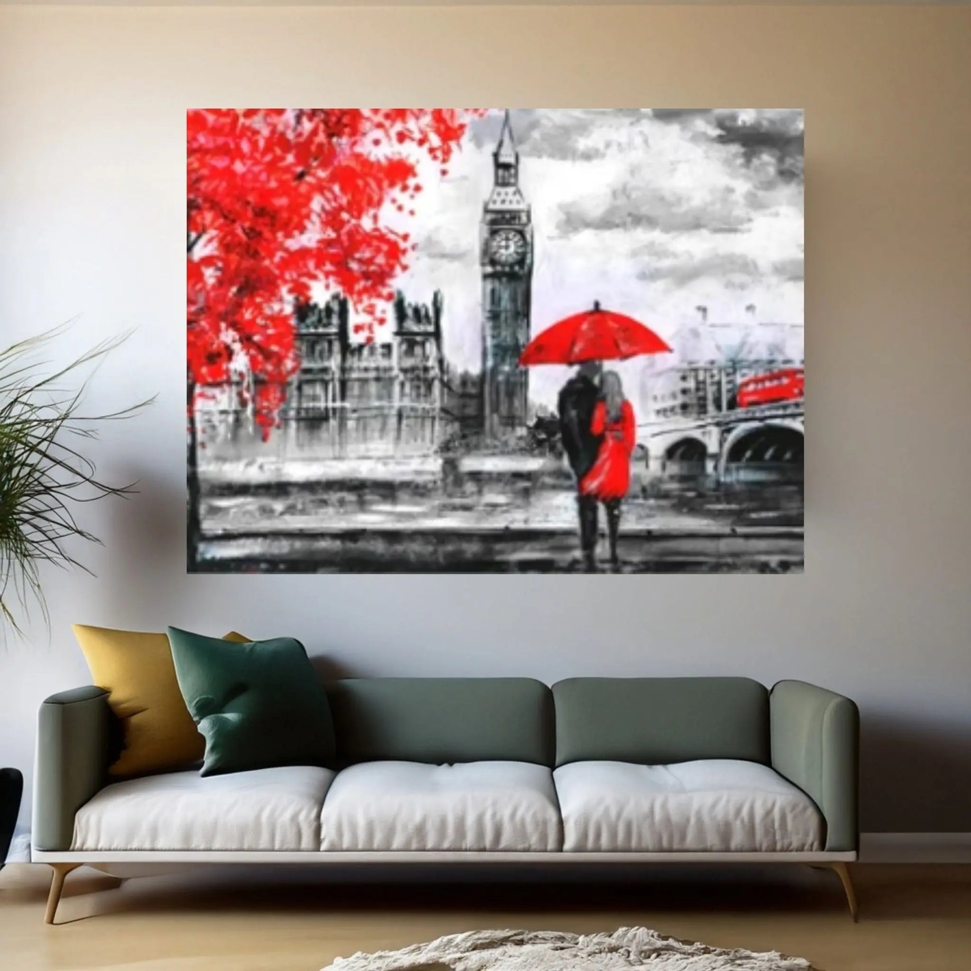 England Bridge illustration Man and woman under red umbrella photo London street Oil painting Canvas Wall Art - Y Canvas