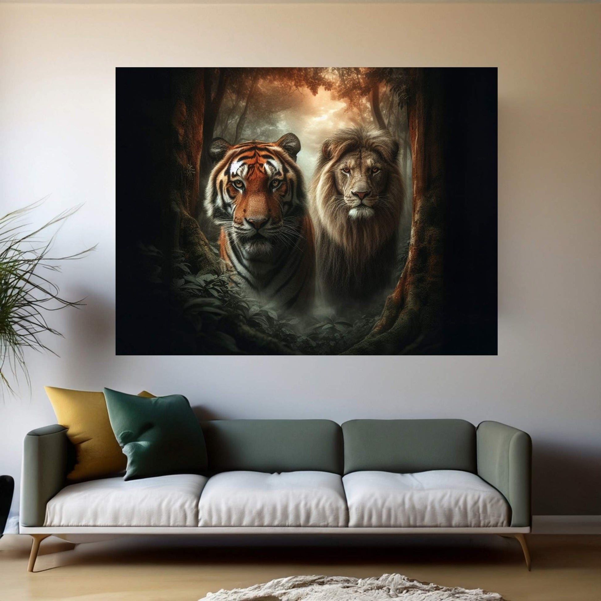 Lion and Tiger Couple Canvas Print Art,Animal Wall Art, Canvas Wall Art - Y Canvas