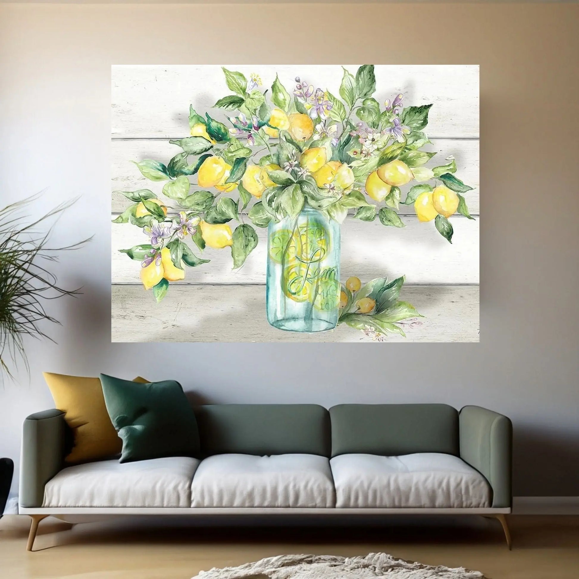 Watercolor Lemons in Mason Jar Landscape Canvas Wall Art - Y Canvas