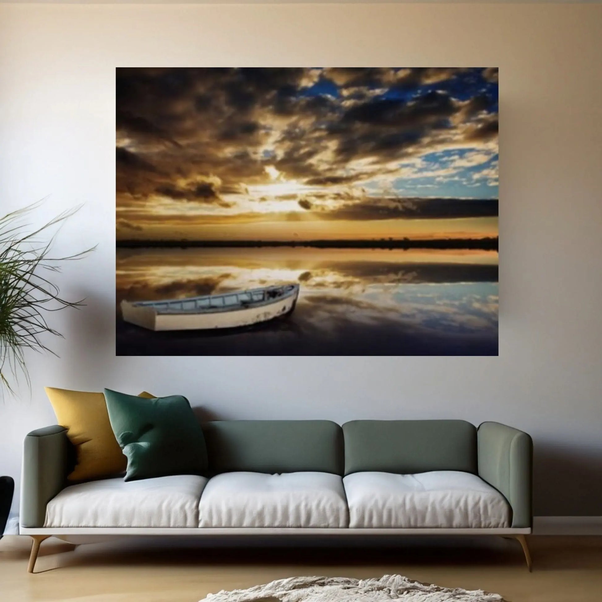 Sunset and Boat Canvas Wall Art, Home Decor Landscape Art Print - Y Canvas