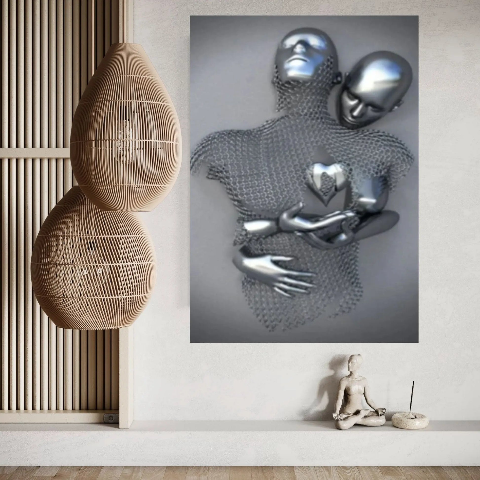 Large Silver Heart Love Couples Canvas Metallic 3D Abstract Living Room Decor Home Decor Wall Art Canvas - Y Canvas