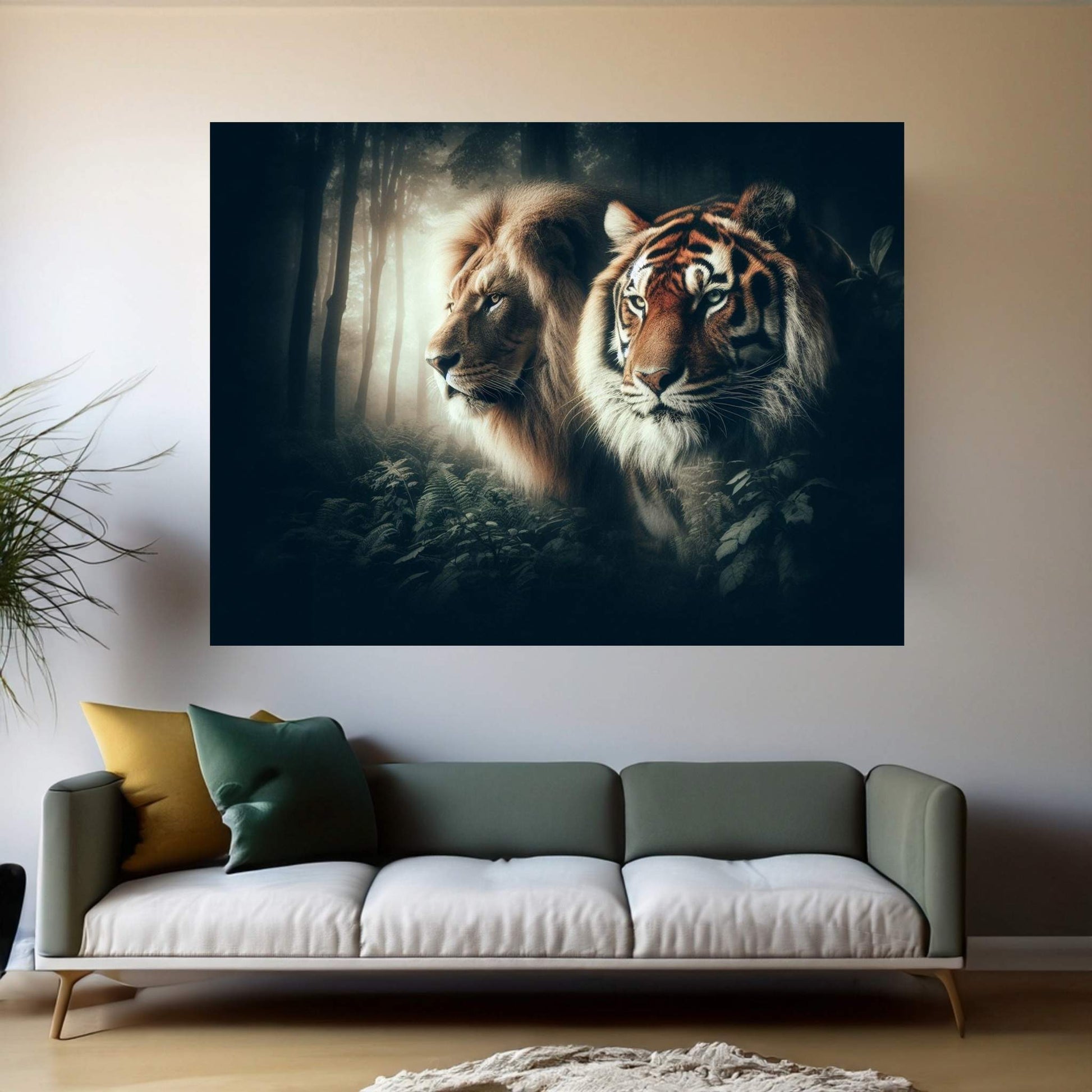 Lion and Tiger Couple Canvas Print Art,Animal Wall Art, Canvas Wall Art - Y Canvas