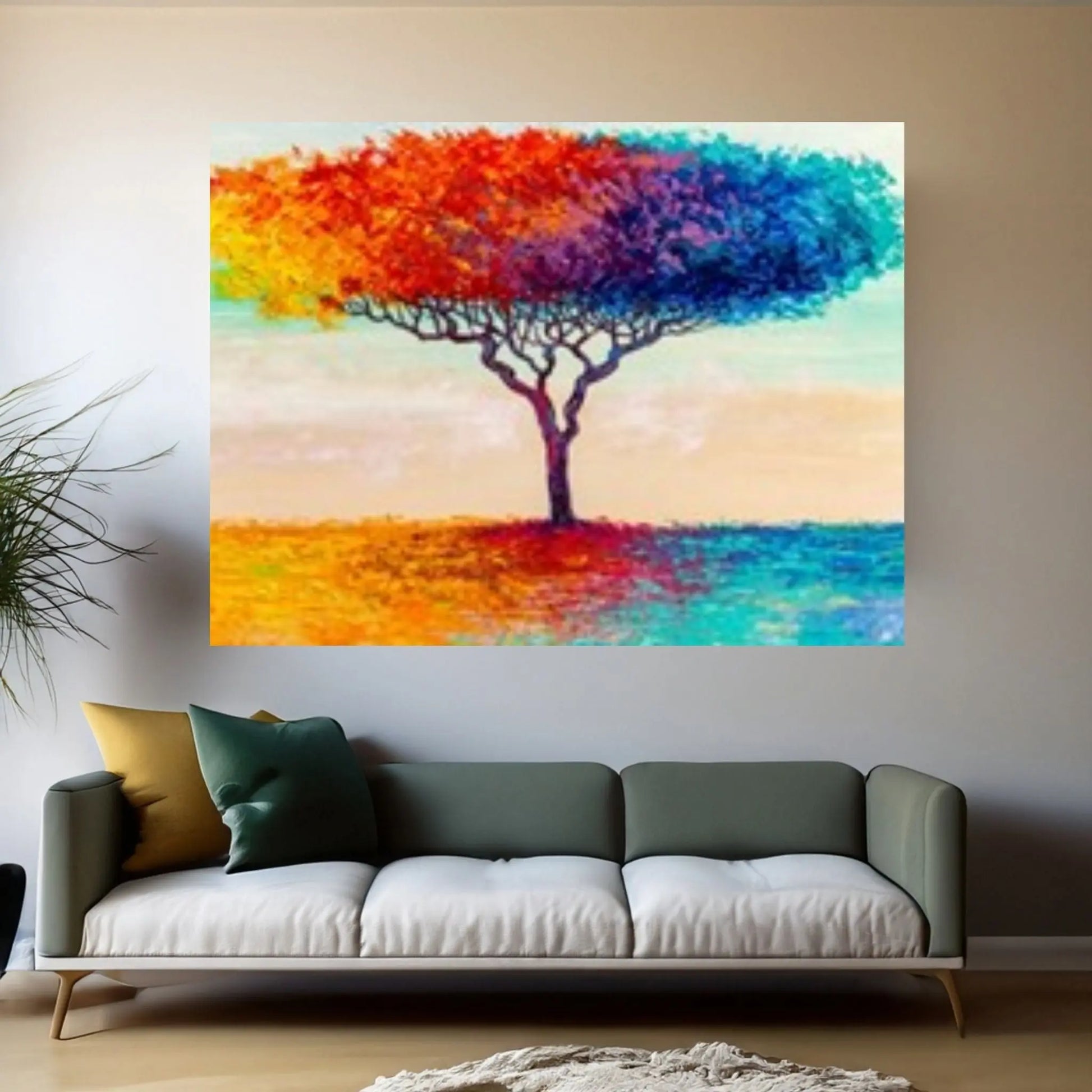 Colorful Tree Oil Painting On Canvas Red & Blue Tree Wall Art Custom Canvas Wall Art Textured Wall Art Canvas WAll Art - Y Canvas