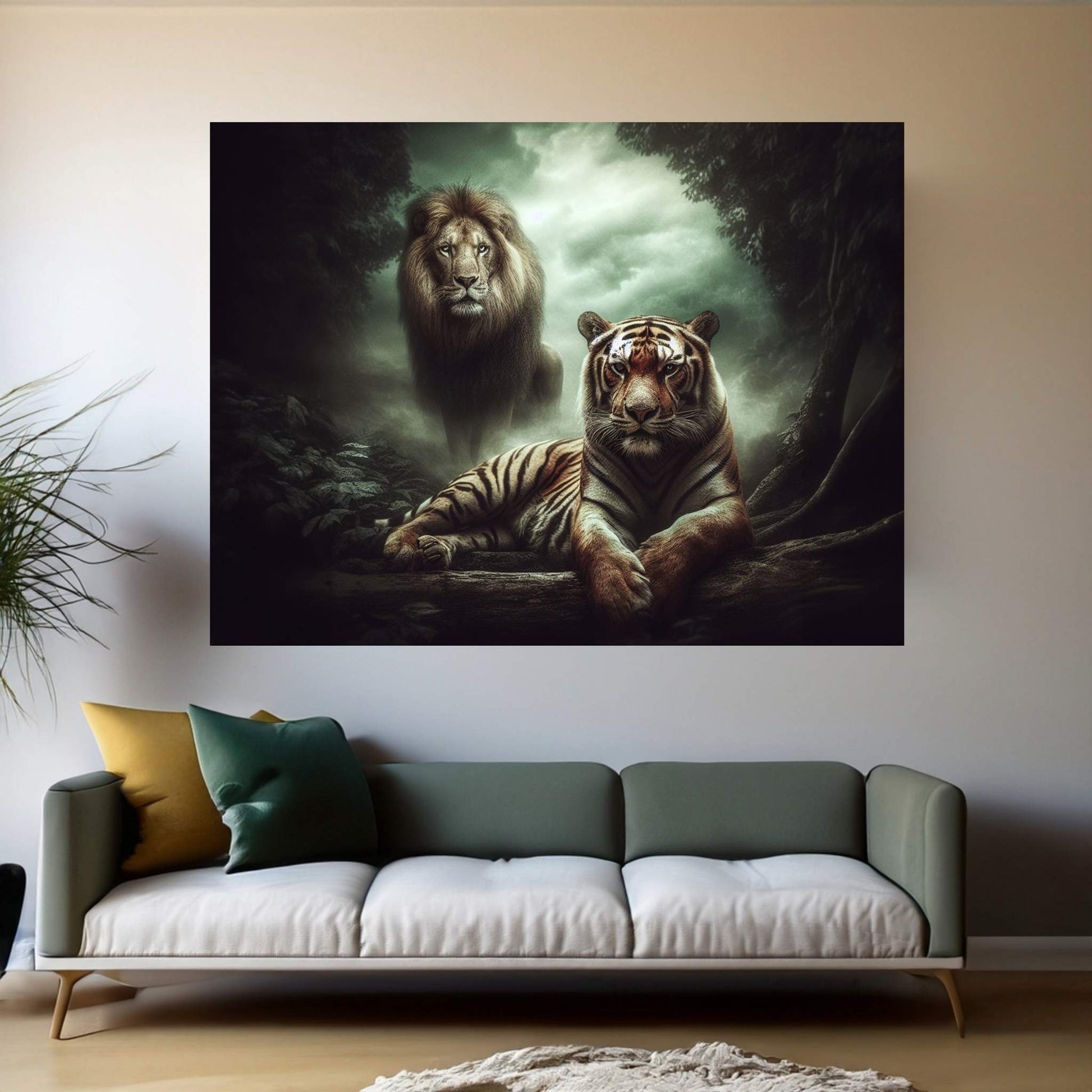 Lion and Tiger Couple Canvas Print Art,Animal Wall Art, Canvas Wall Art - Y Canvas