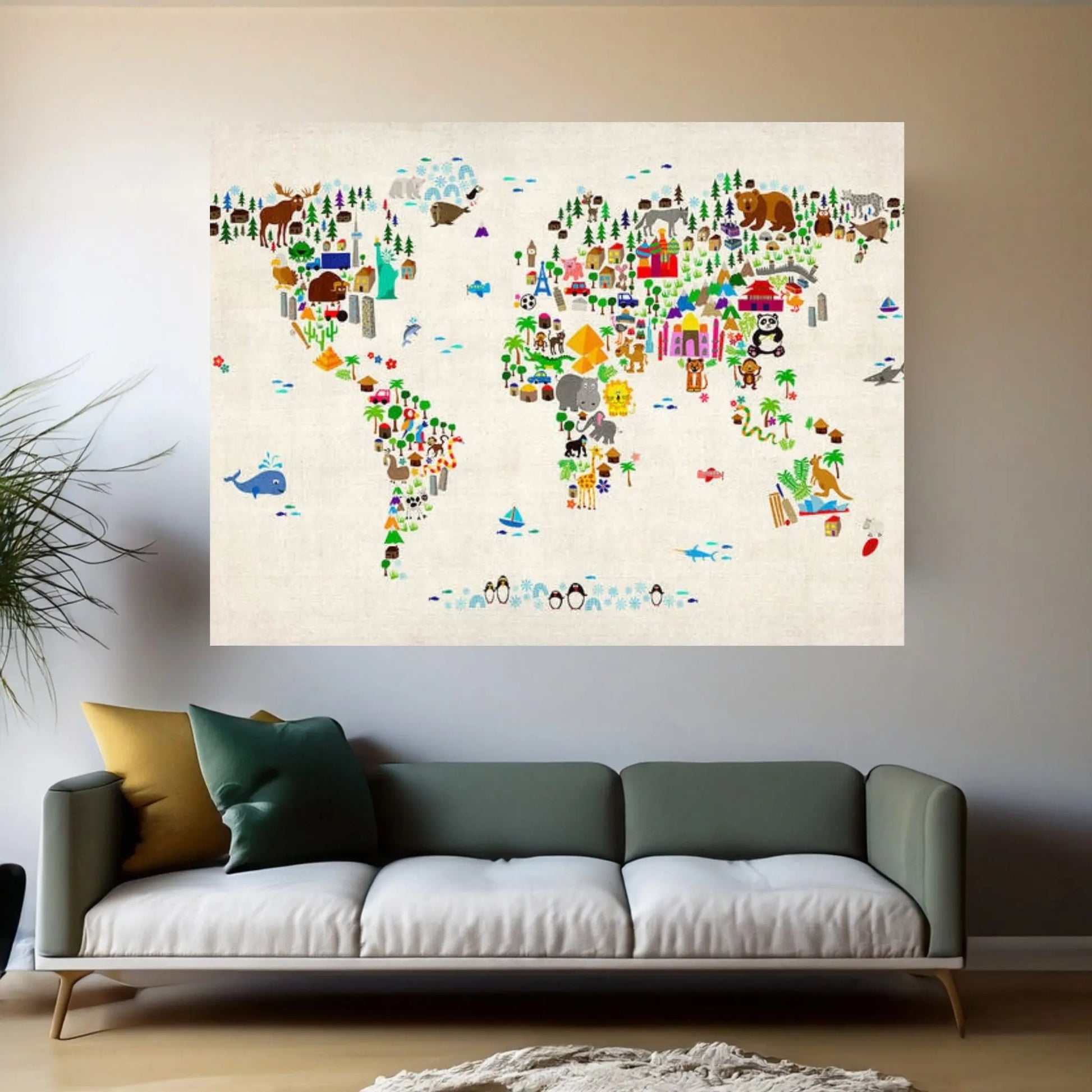 Animal Map of The World Canvas Wall Art - Y Canvas