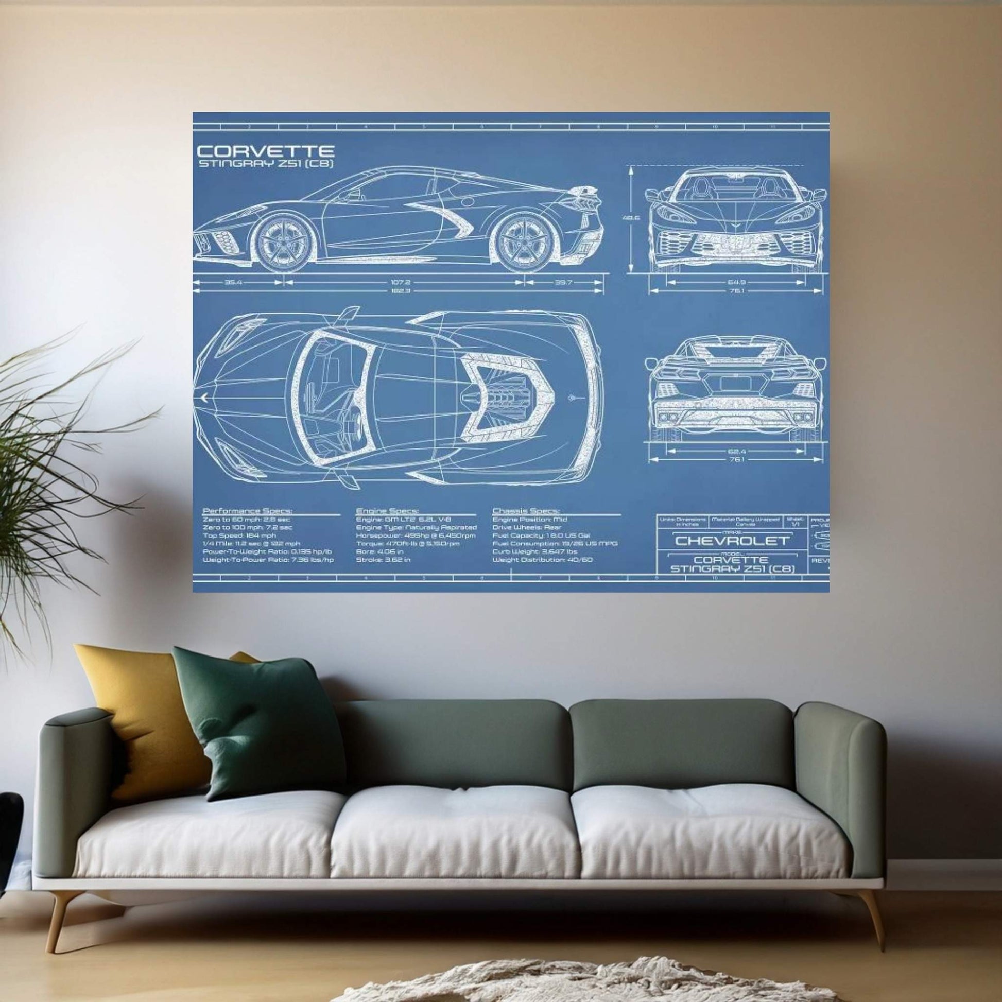 Corvette (C8) Stingray Blueprint Canvas Wall Art - Y Canvas