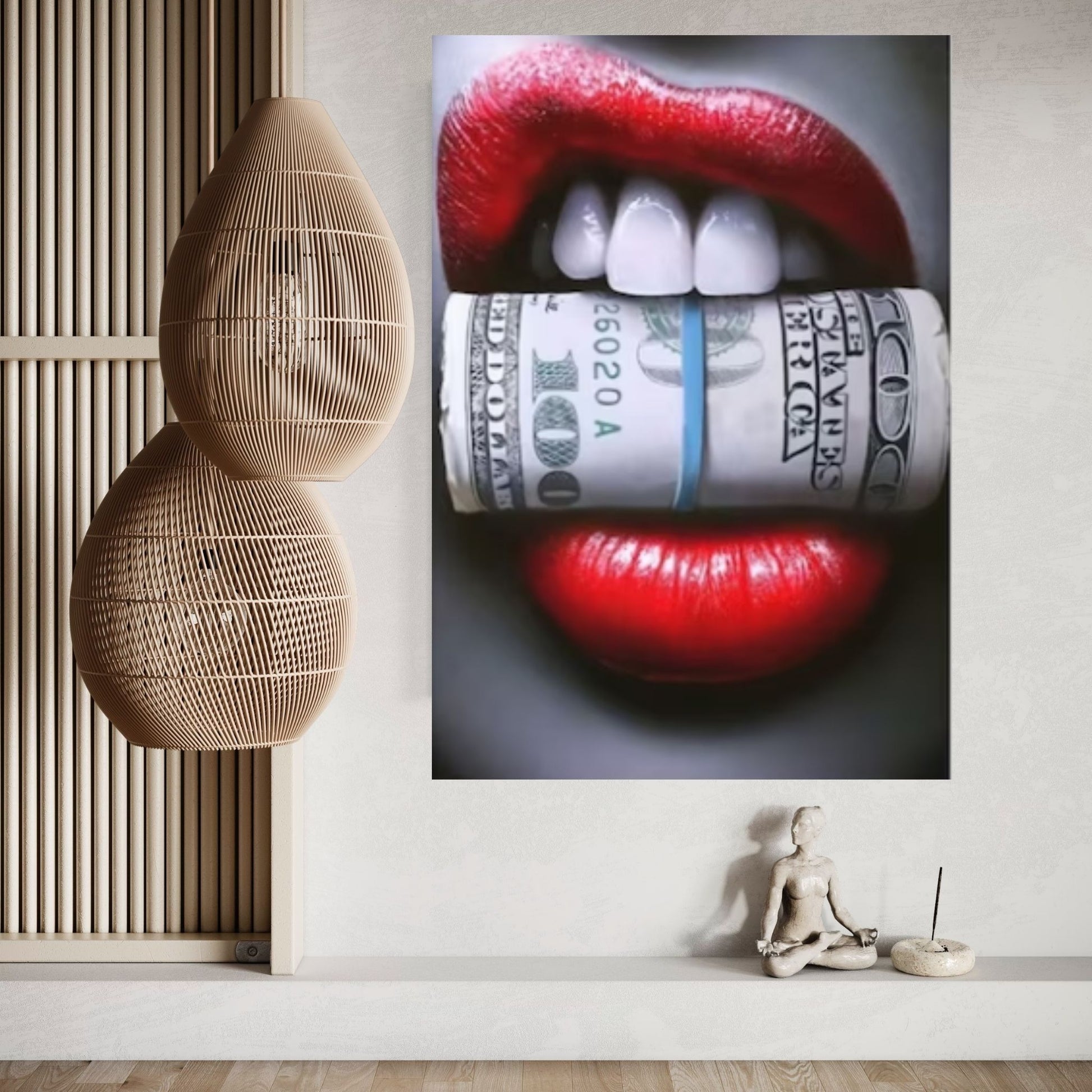 Red Lips Canvas Wall Art, Smoking Woman Room Decor, Money Cigar Between Lips Wall Hangings - Y Canvas