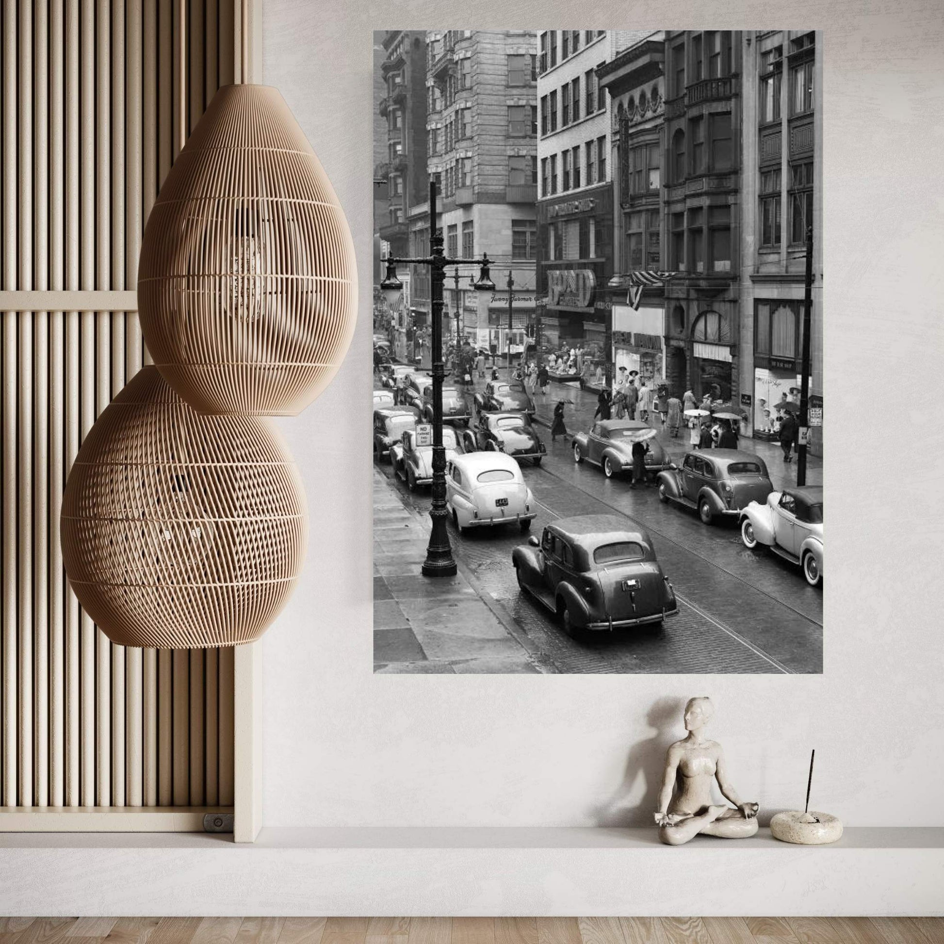 1940s Rainy Day On Chestnut Street Philadelphia Pa Cars Pedestrians Storefronts Canvas Wall Art - Y Canvas