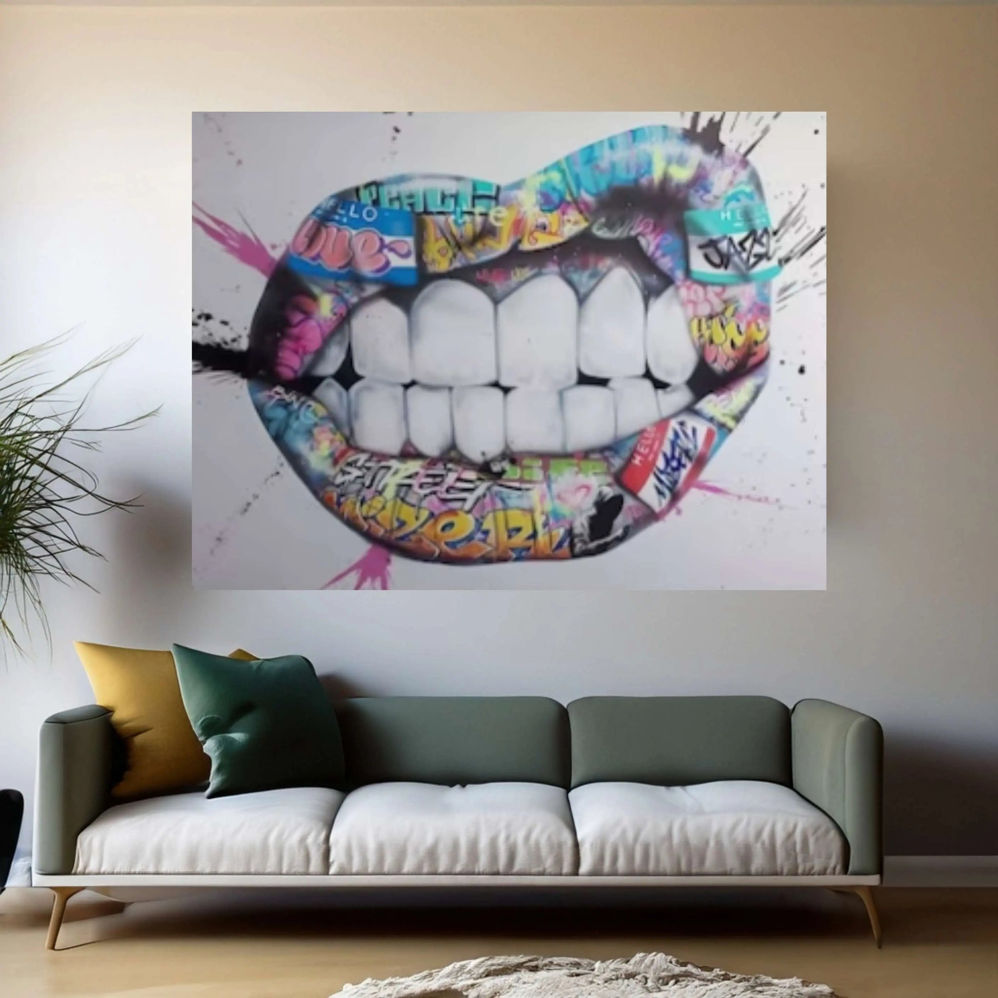Banksy Poster, Lip and Teeth, Colourful Canvas, Banksy Graffiti Art Print, Woman Graffiti Wall Art, Famous Mural Quote Canvas Wall Art - Y Canvas