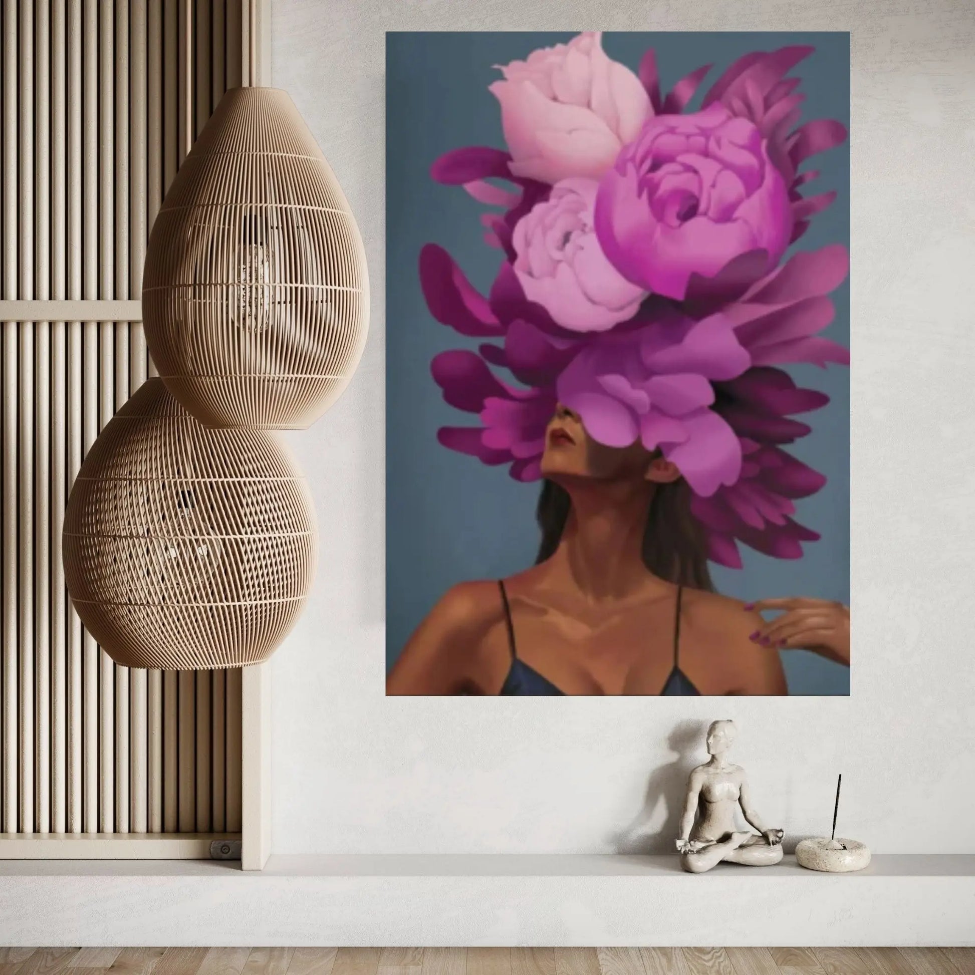 Purple Floral Woman Canvas Art, Blue Bird And Woman Wall Art, Woman with Flower and Bird Head, Visual Excellence - Y Canvas