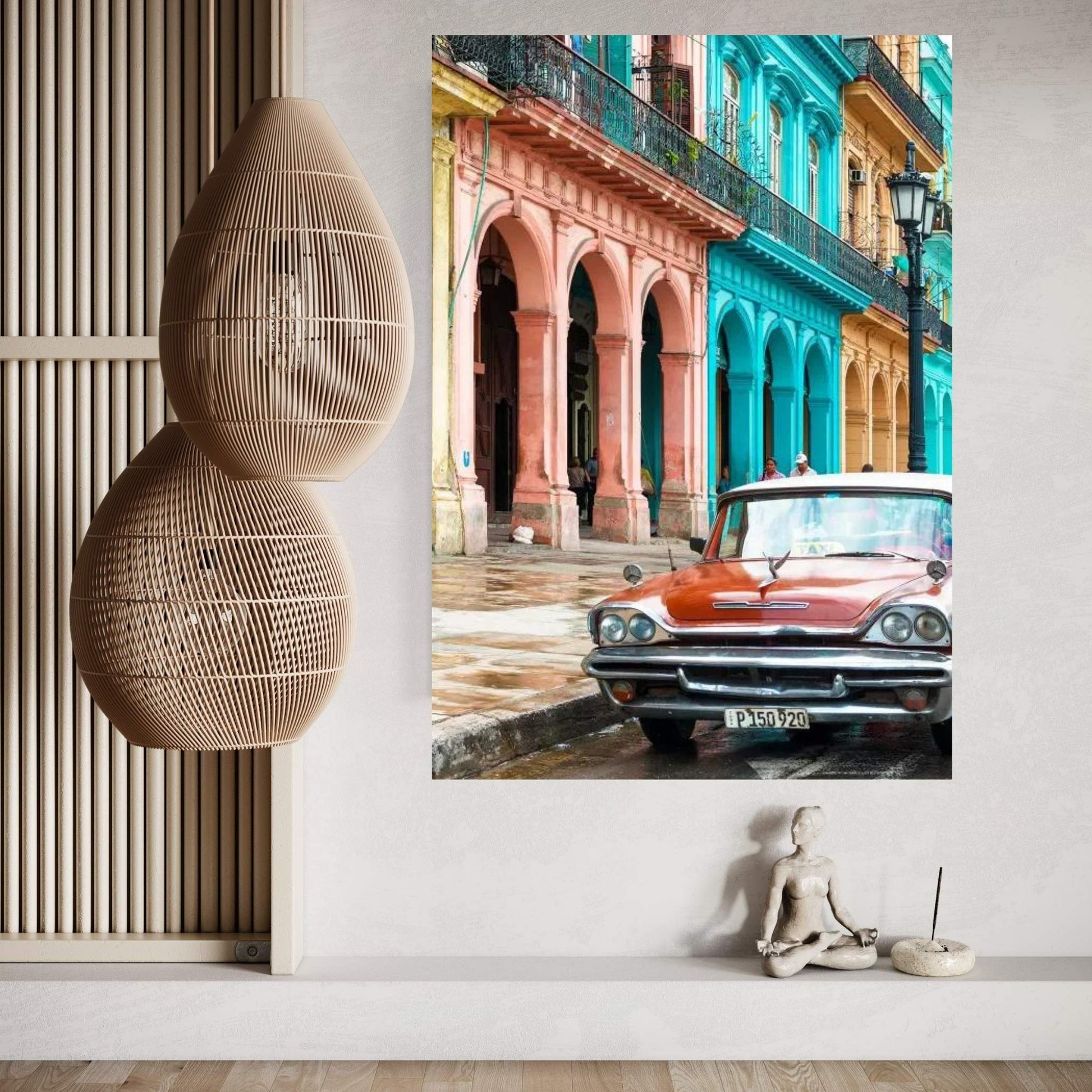 Colorful Buildings and Red Taxi Car Canvas Wall Art - Y Canvas