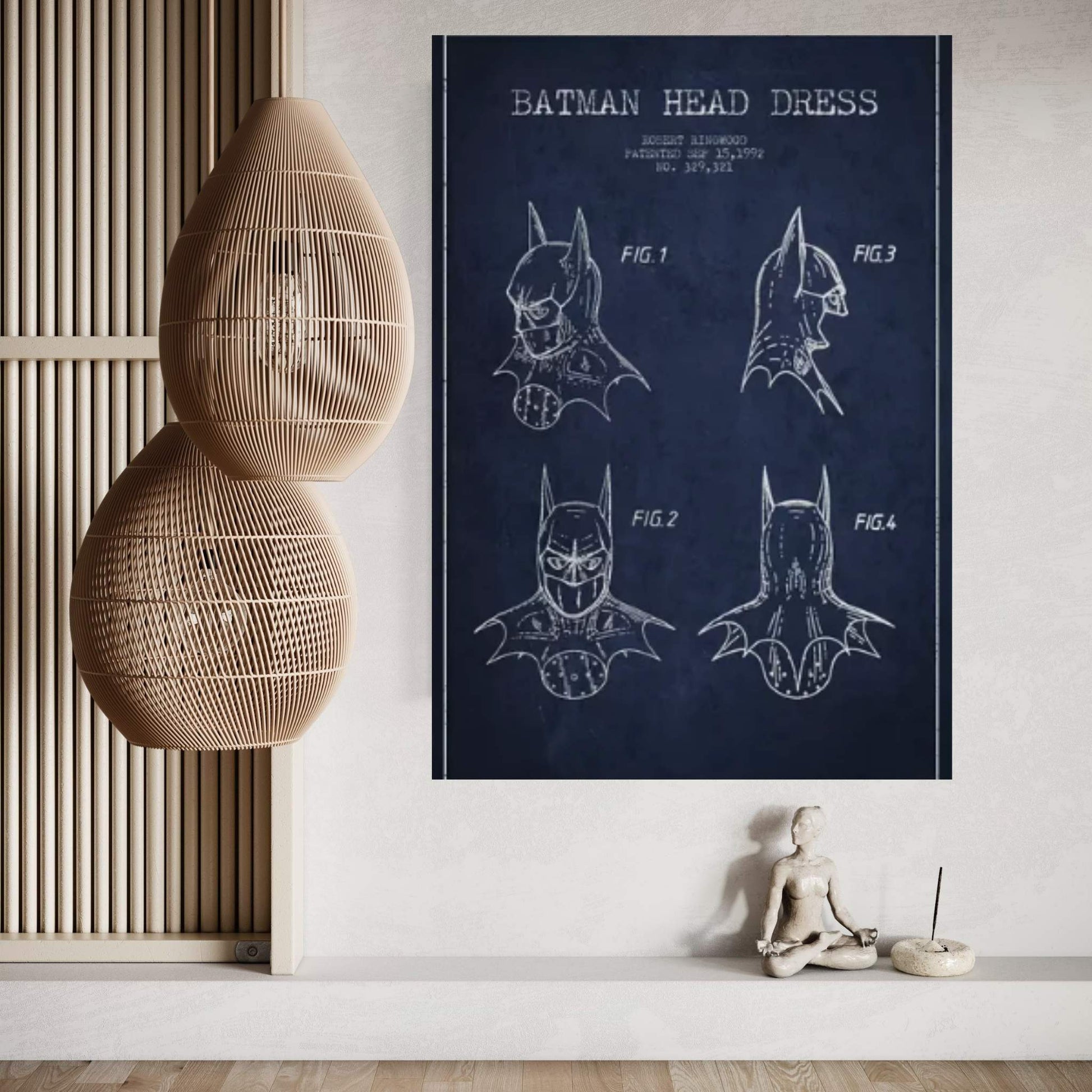 Robert Ringwood Batman Head Dress Patent Sketch (Navy Blue) Canvas Wall Art - Y Canvas