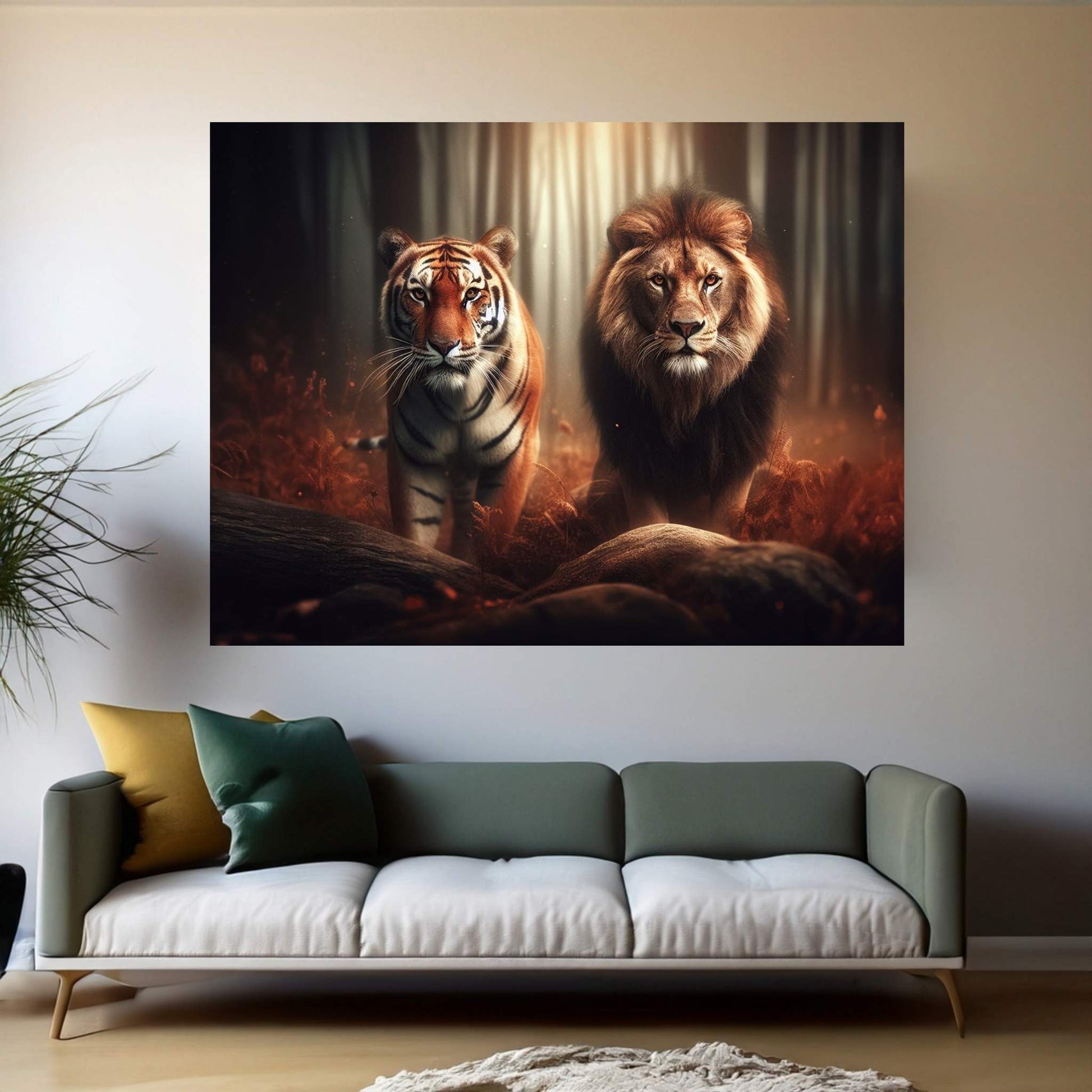 Lion and Tiger Couple Canvas Print Art,Animal Wall Art, Canvas Wall Art - Y Canvas