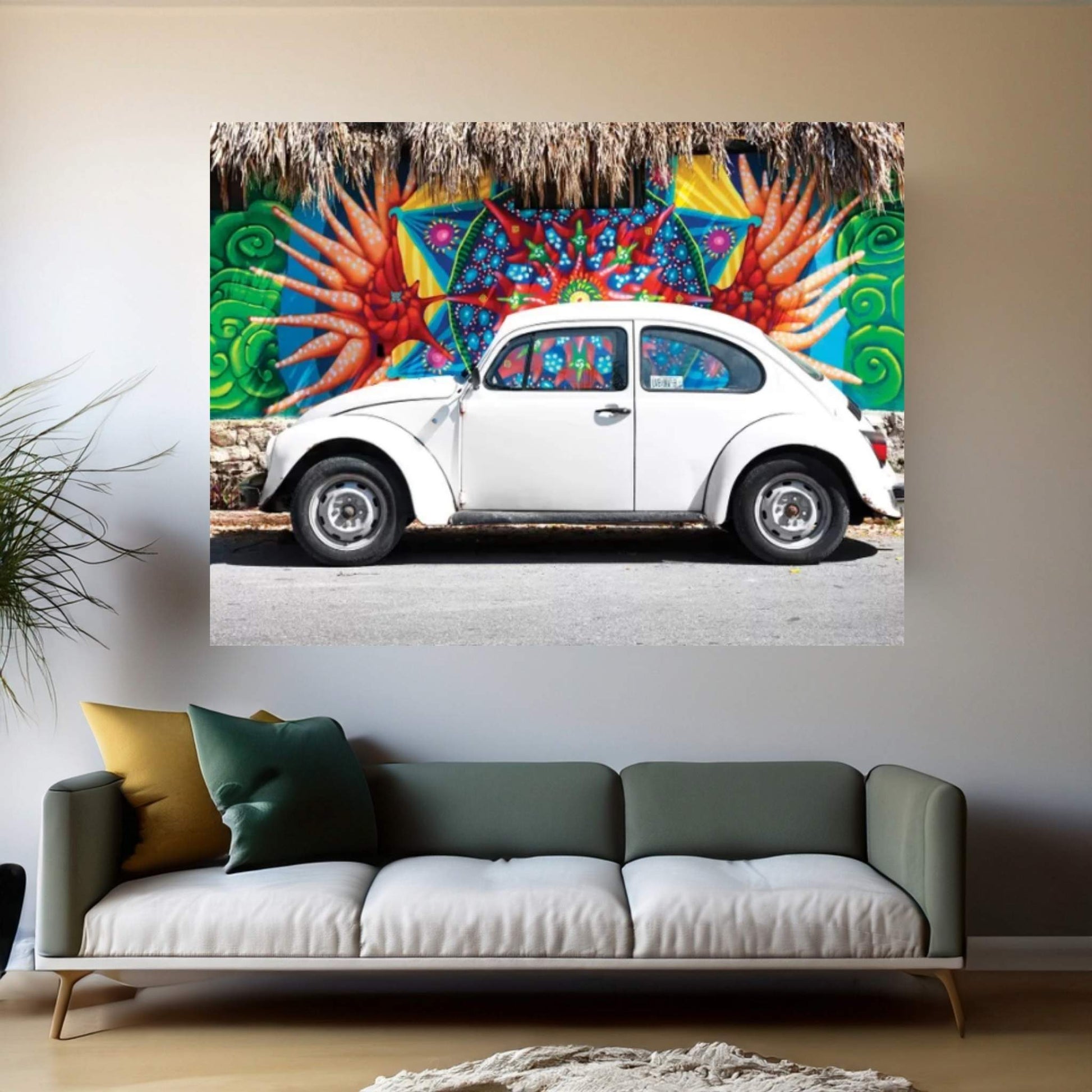 White VW Beetle Car In Cancun Canvas Wall Art - Y Canvas