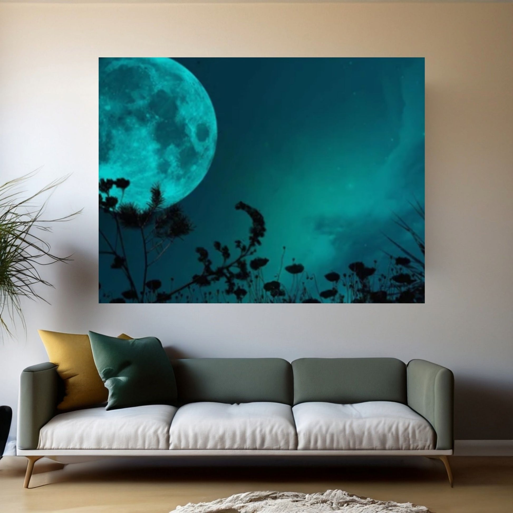 Green Moon at Night Natural Canvas Wall Art, Landscape Printing Wall Art - Y Canvas
