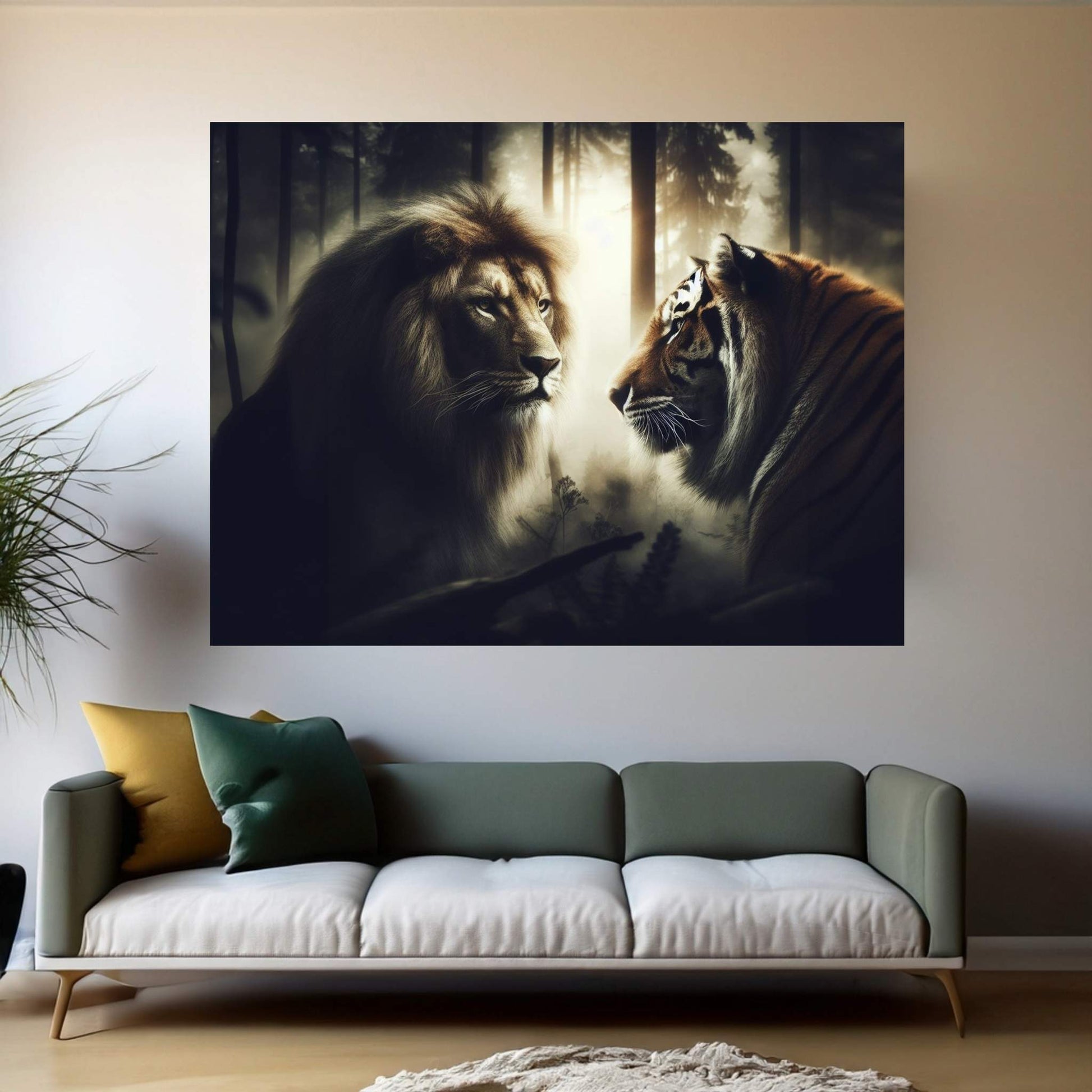 Lion and Tiger Couple Canvas Print Art,Animal Wall Art, Canvas Wall Art - Y Canvas